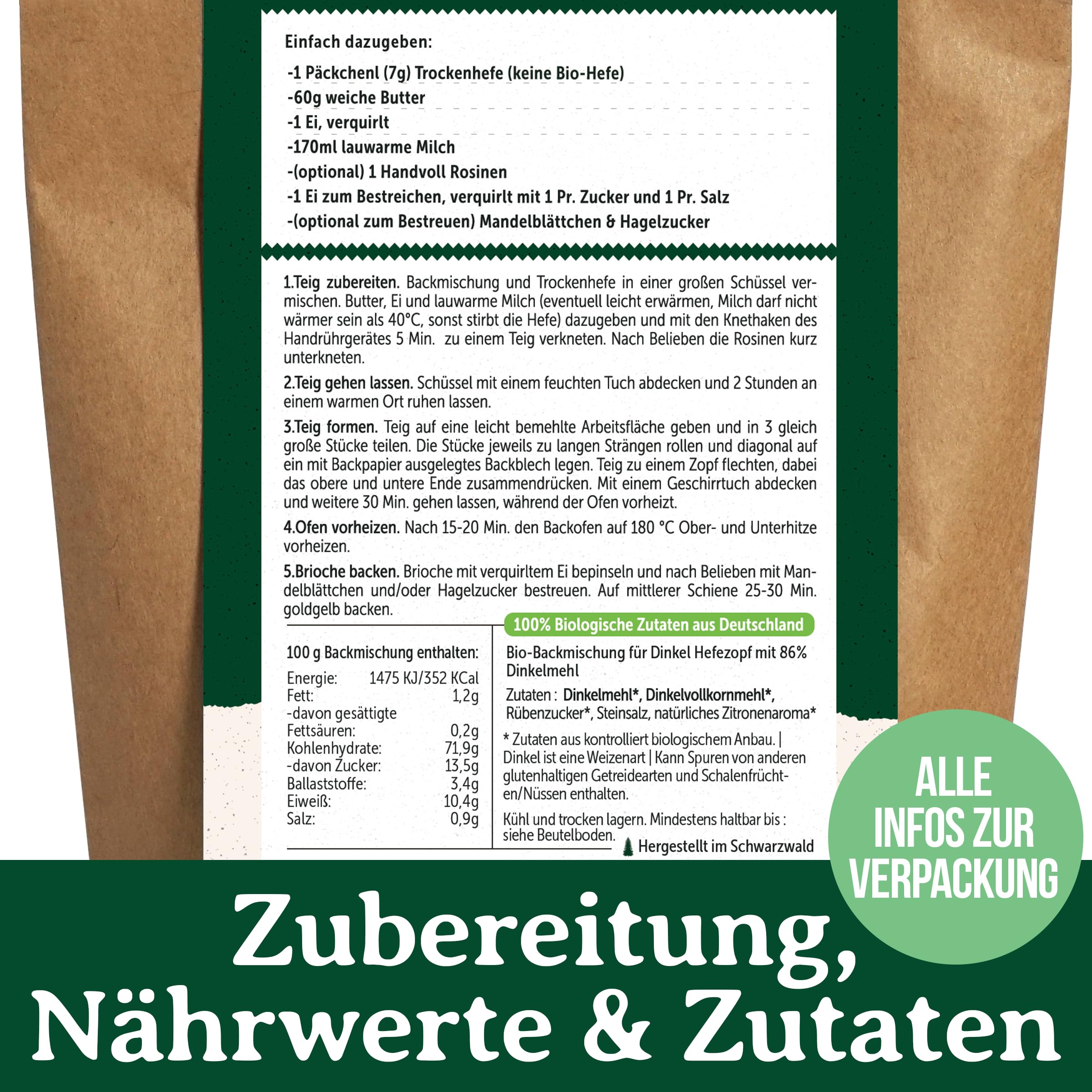 Bio Dinkel Brioche Backmischung – 100 % Dinkelmehl, ohne Weizen – für Zimtschnecken, Hefezopf, Osterzopf & süßes Hefegebäck – für Ofen & Brotbackautomat – Bake with Love – 10er Pack
