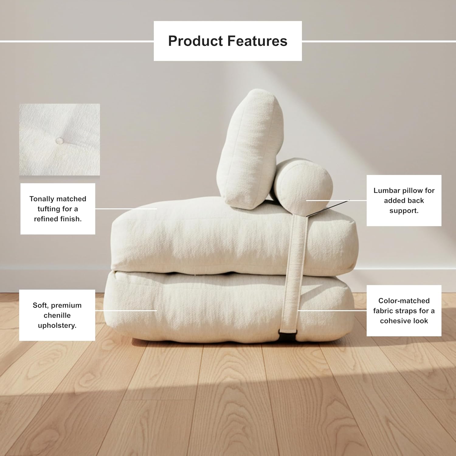 Boneless Folding Sofa Bed, Convertible Floor Futon Chaise Lounge & Sleeper Bed, Shredded Foam Floor Couch for Living Room, Bedroom, Apartment, Chenille, Ivory