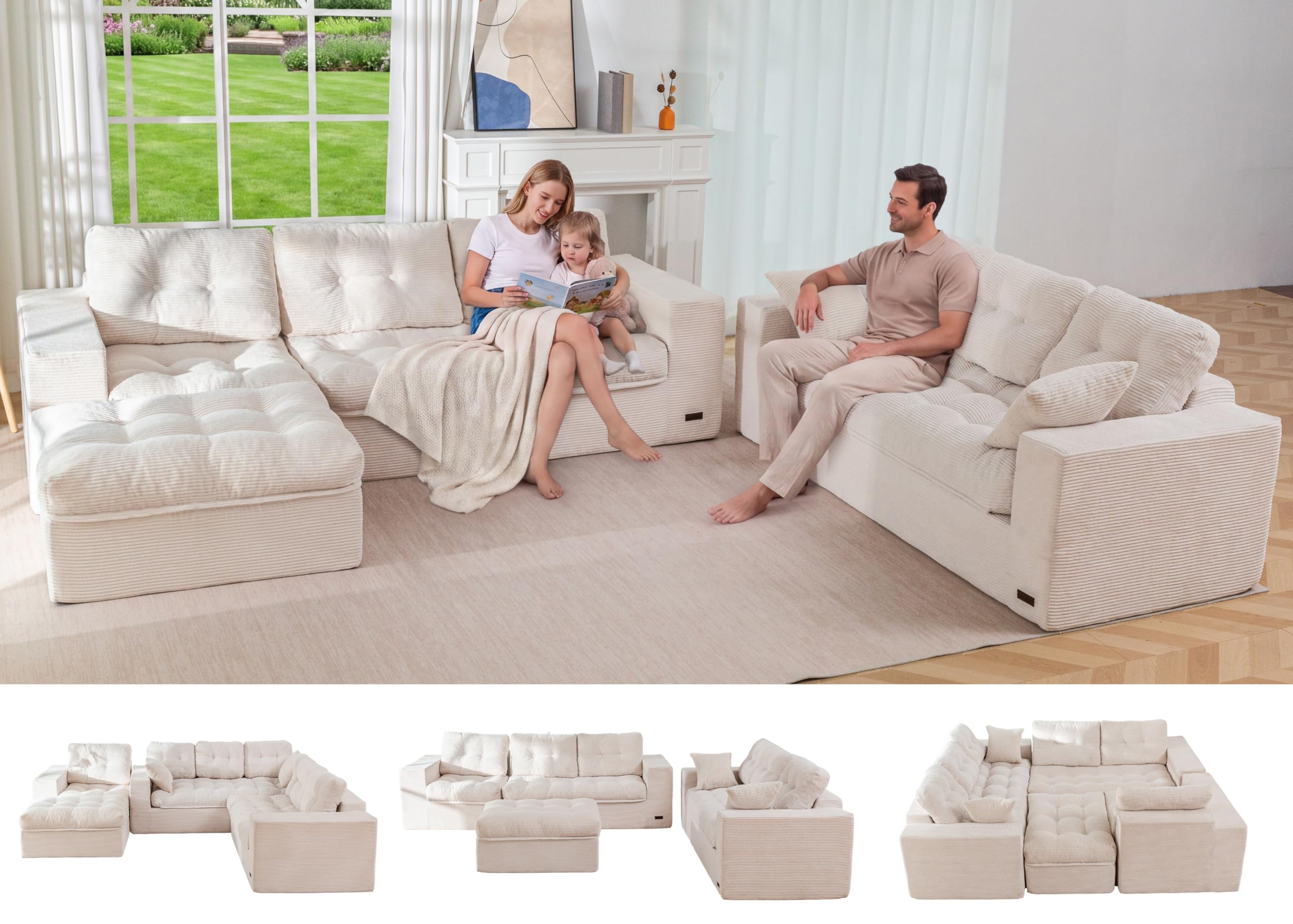 MAXYOYO Modular Sectional Sofa with Ottoman and Loveseat, Cloud Boneless Couch with Layered Cushion, Flexible Module Combination Sofa for Living Room, No Assembly Required,Beige