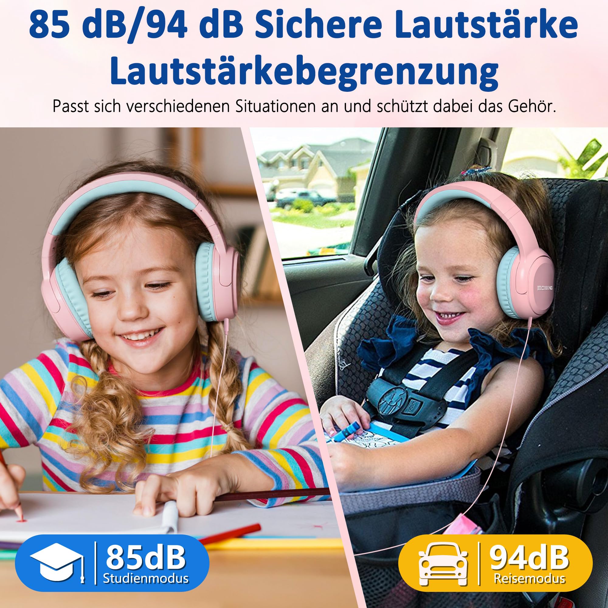 Kinder Over-Ear Kopfhörer mit Kabel und Mikrofon, Lautstärkebegrenzung 85/94 dB, Faltbares Design, für Mädchen & Jungen, Rosa, 3,5mm