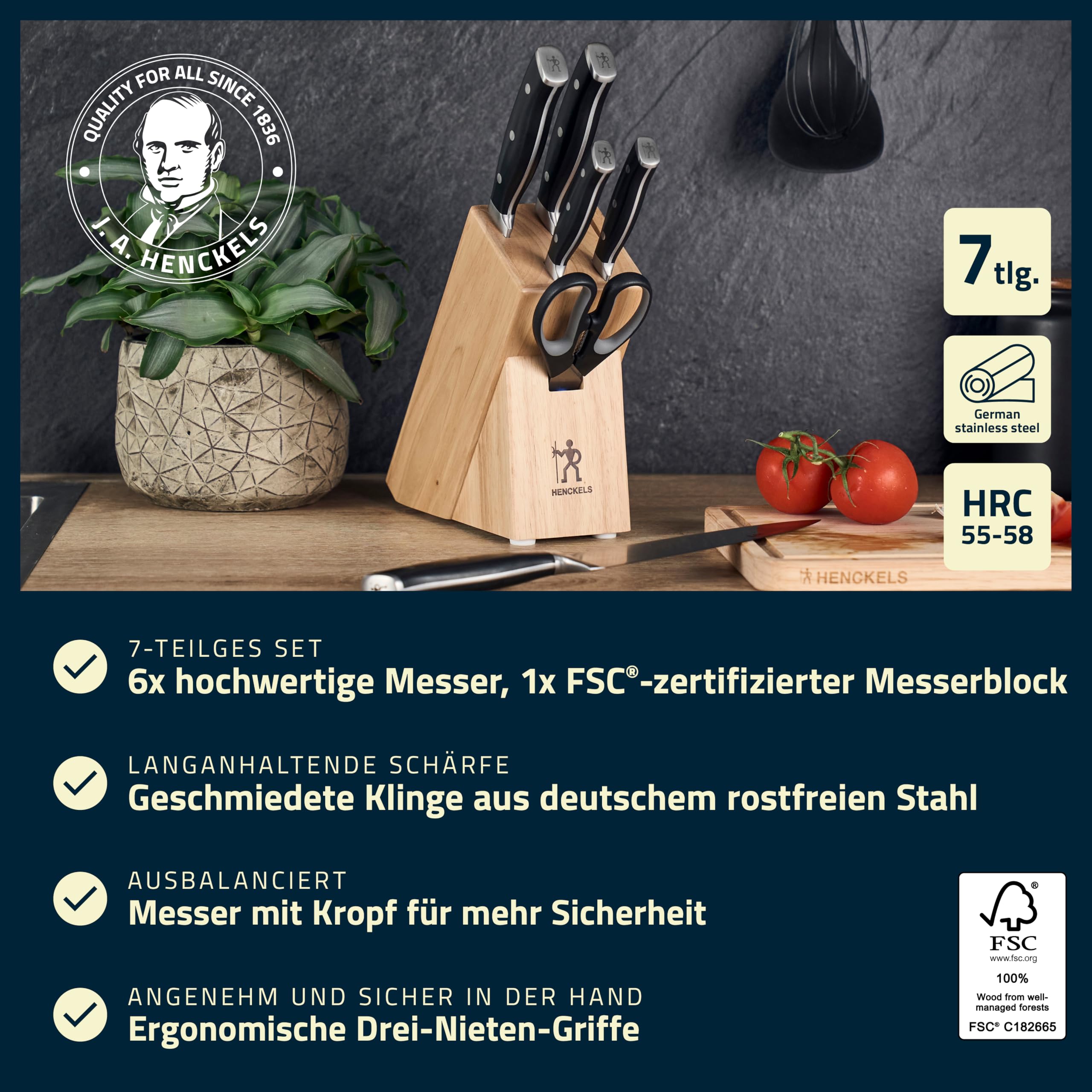 HENCKELS Accent Messerblockset 7-teilig, Messer-Set, Schere, Kautschuk-Holz | Natur-Optik