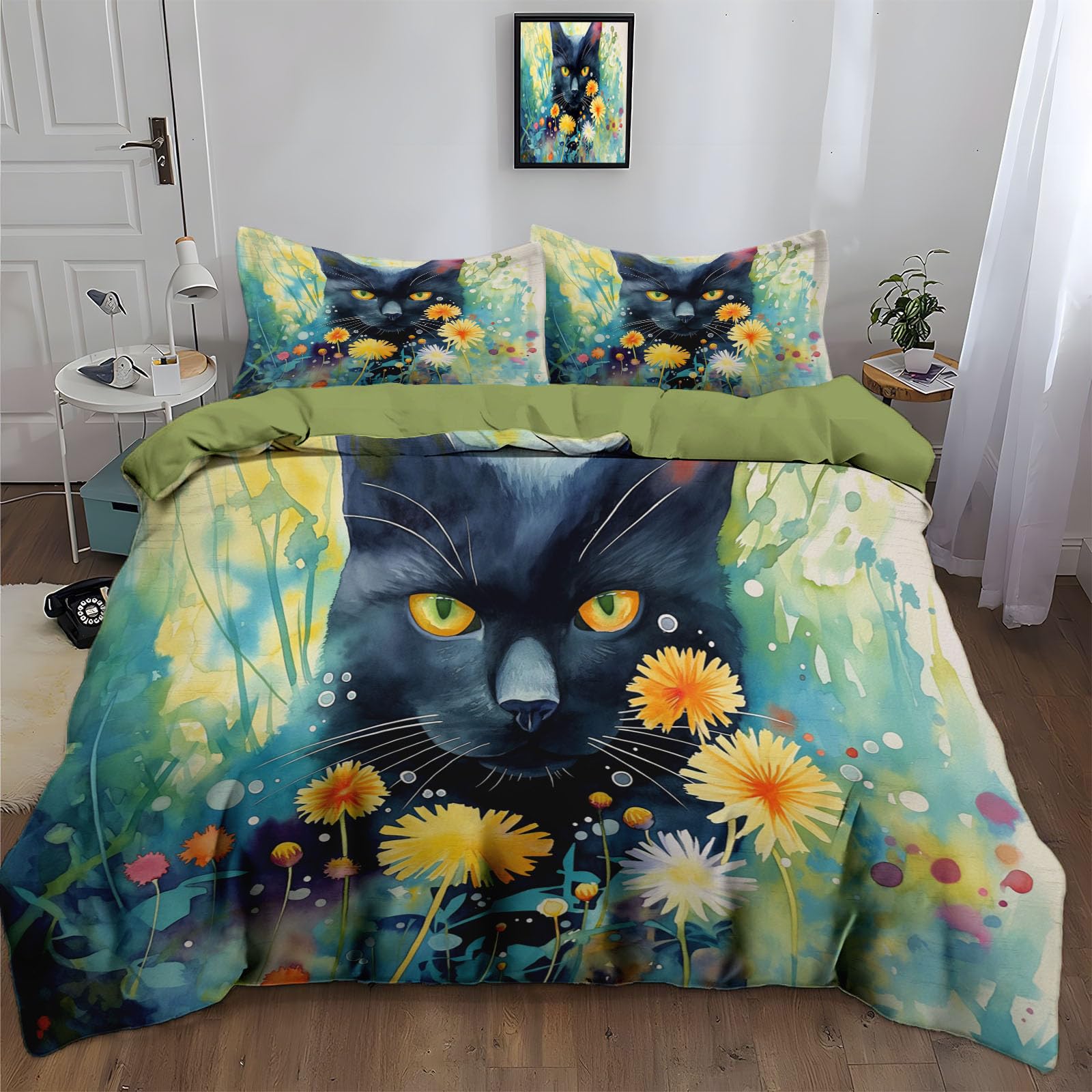 Parure de lit chat noir et pissenlits pour une chambre d'adulte zen et lumineuse