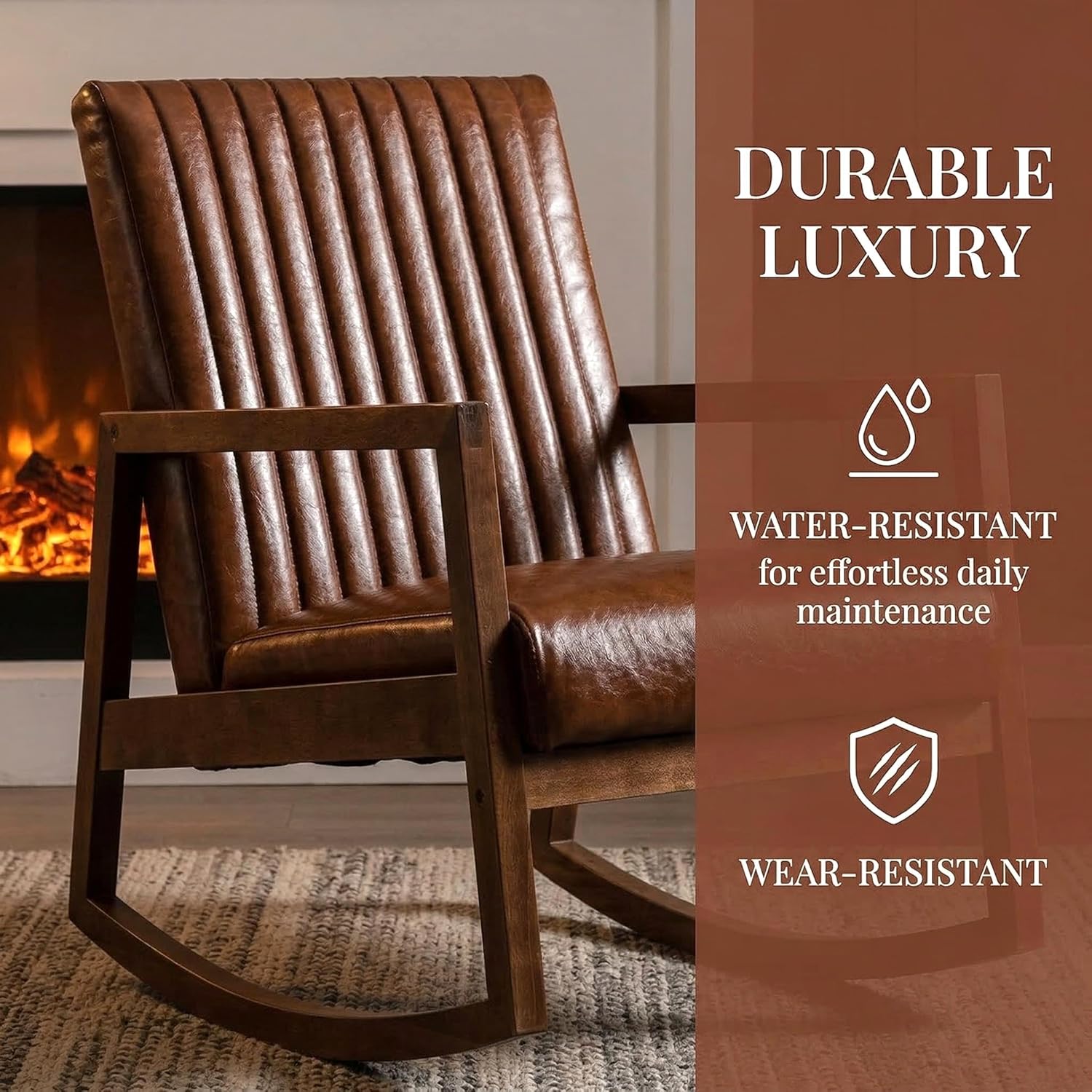 VESCASA Upholstered Rocking Chair with Channel-Tufted Back, Mid-Century Modern Comfy Oil Wax PU Leather Rocker with Black Walnut Wood Frame for Nursery Living Room Bedroom Indoor, Brown
