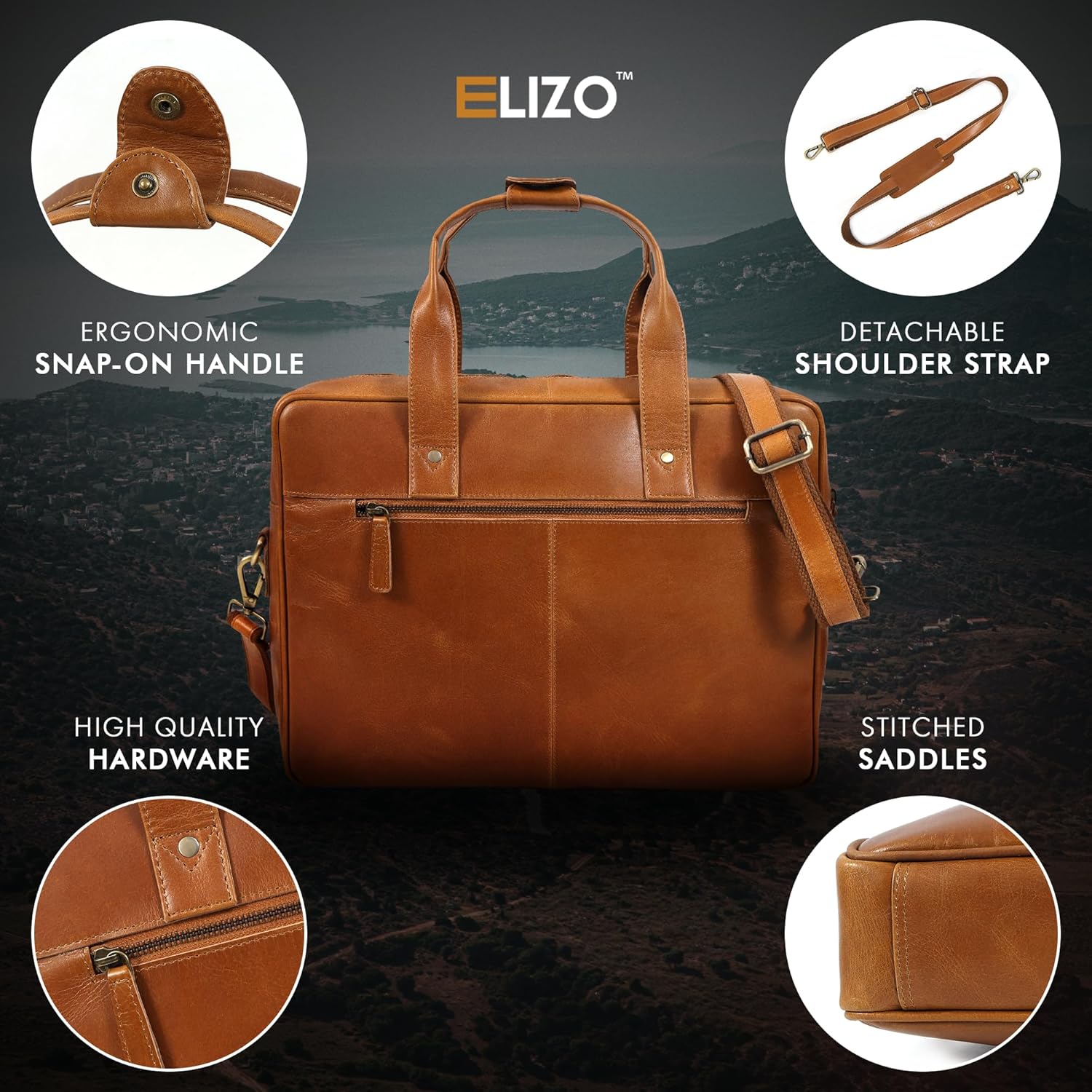 ELIZO Real Leather Messenger Bag for Men & Women, Satchel Bag with Padded Shoulder Strap, Mens Briefcase for Work, School & Travel, 16" Leather Laptop Bag with Compartments, Holders & Pockets (Tan)