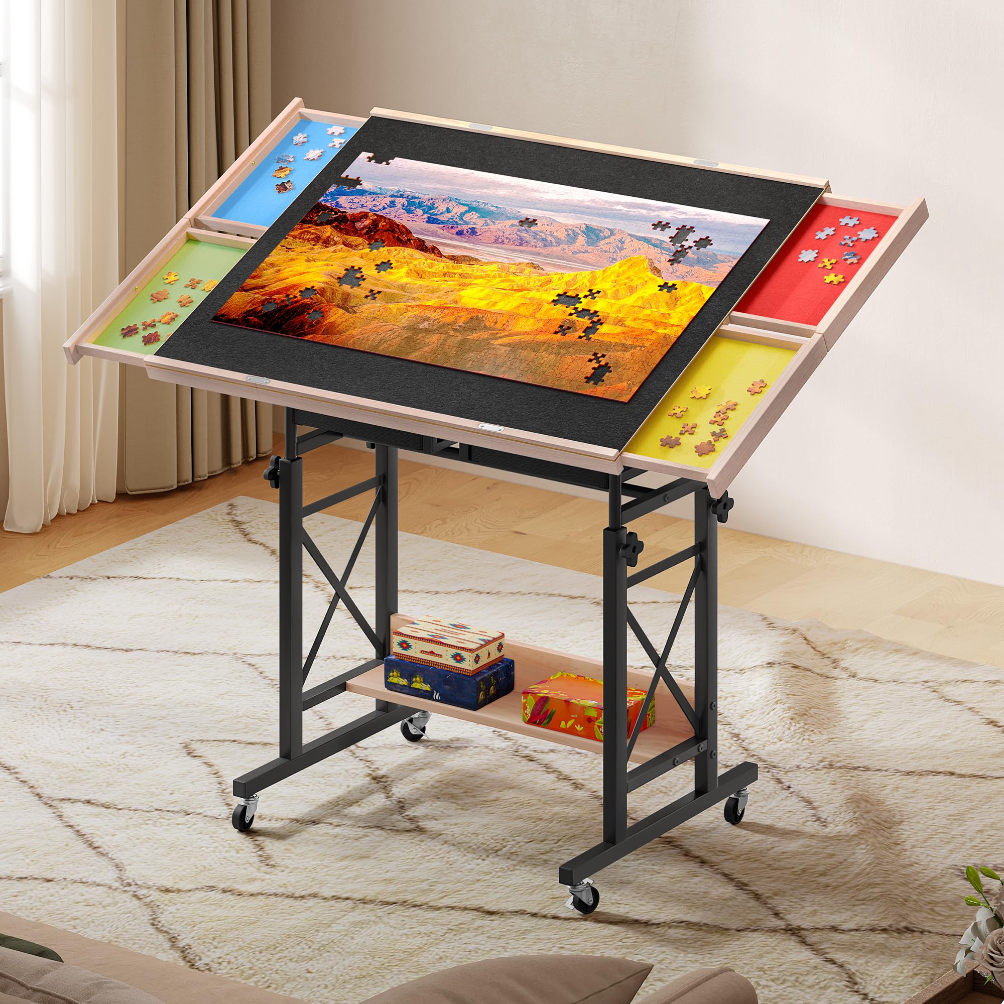 YITAHOME Table de puzzle de 1500 pièces avec 4 tiroirs, planche de puzzle inclinable réglable avec angle d'inclinaison et réglage de la hauteur, tables de puzzle portables avec couvercle et étagère de