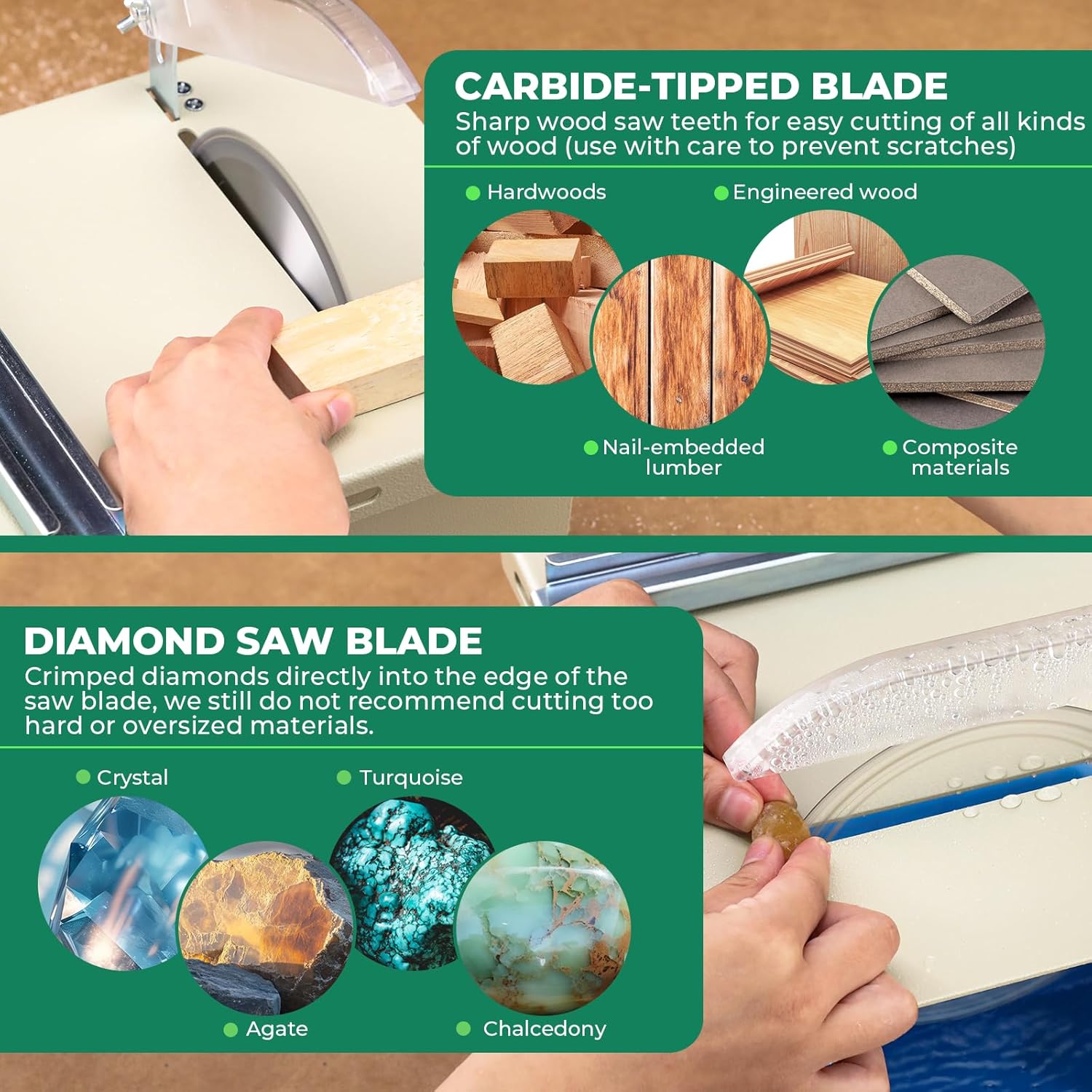 Carbide-tipped blade for wood and diamond saw blade for stone