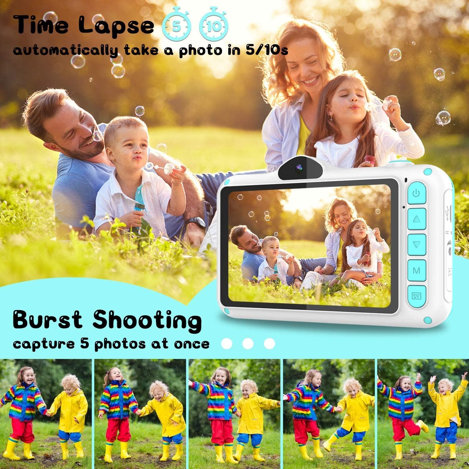 Appareil photo numérique pour enfants de 3,5 pouces avec carte de 32 Go, 1080P HD 12 MP, anti-chute, rechargeable par USB, cadeau de Noël pour garçon de 3 à 12 ans, bleu