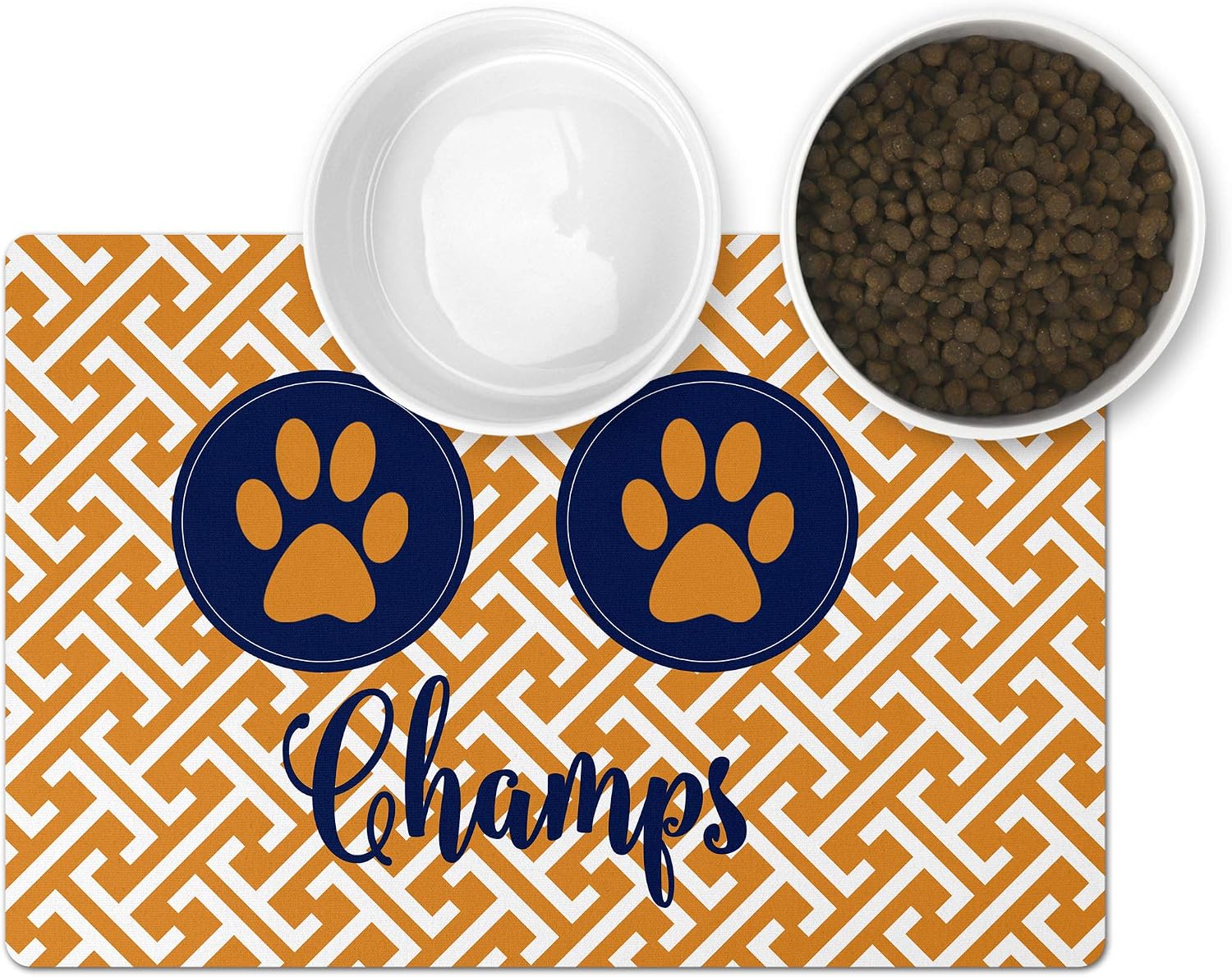 Personalized Pet Mat - Neoprene, Sturdy & Non-Skid Back - Cats & Dogs Feeding Mat - Petfood, Water & Dish Bowl Pad - Edge Corner Utility Placemat (10x16, Orange Greek Key)
