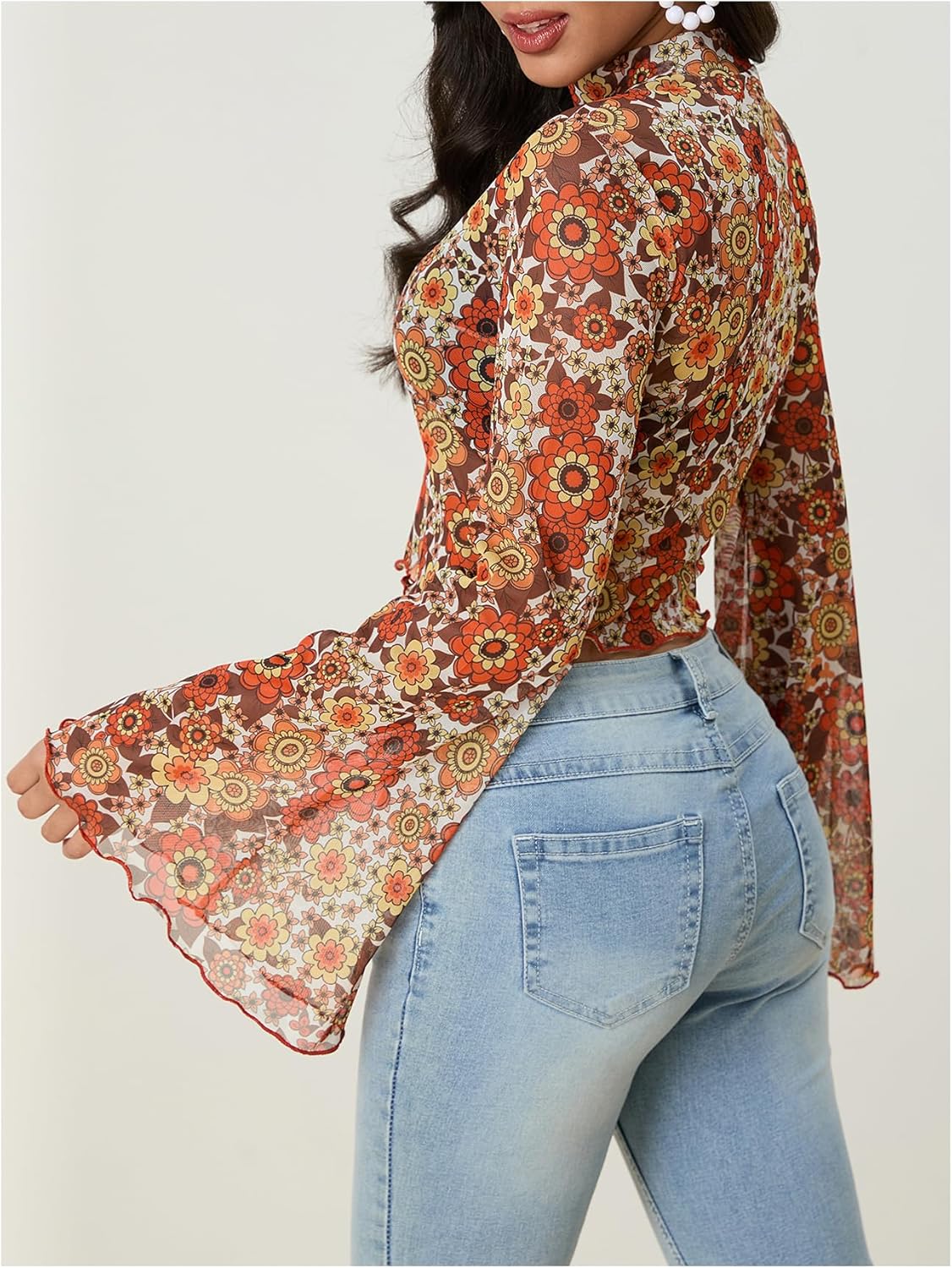 Women's Y2K Floral 70s Top Hippie Shirt Sheer Mesh Tee Shirt Disco Long Bell Sleeve T Shirts Crew Neck Boho Crop Tops - Image 2