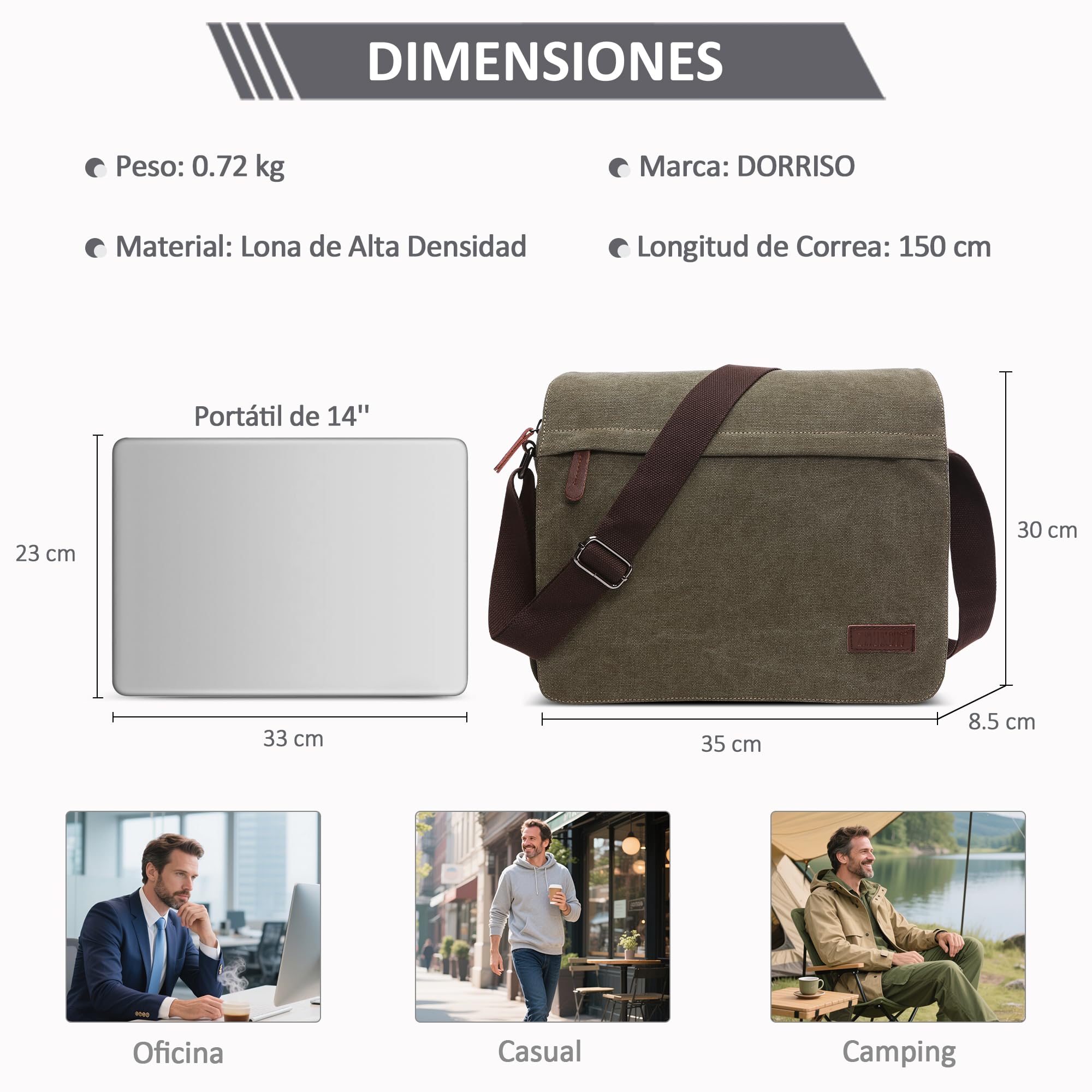 Bolso de Bandolera Hombres Bolsa de Hombro para 13.3 Pulgadas Portátil Viaje Escolares Causal Trabajo Montañismo Cruzados Bolsa de Ordenador Hombres Lona Messenger Bag Verde