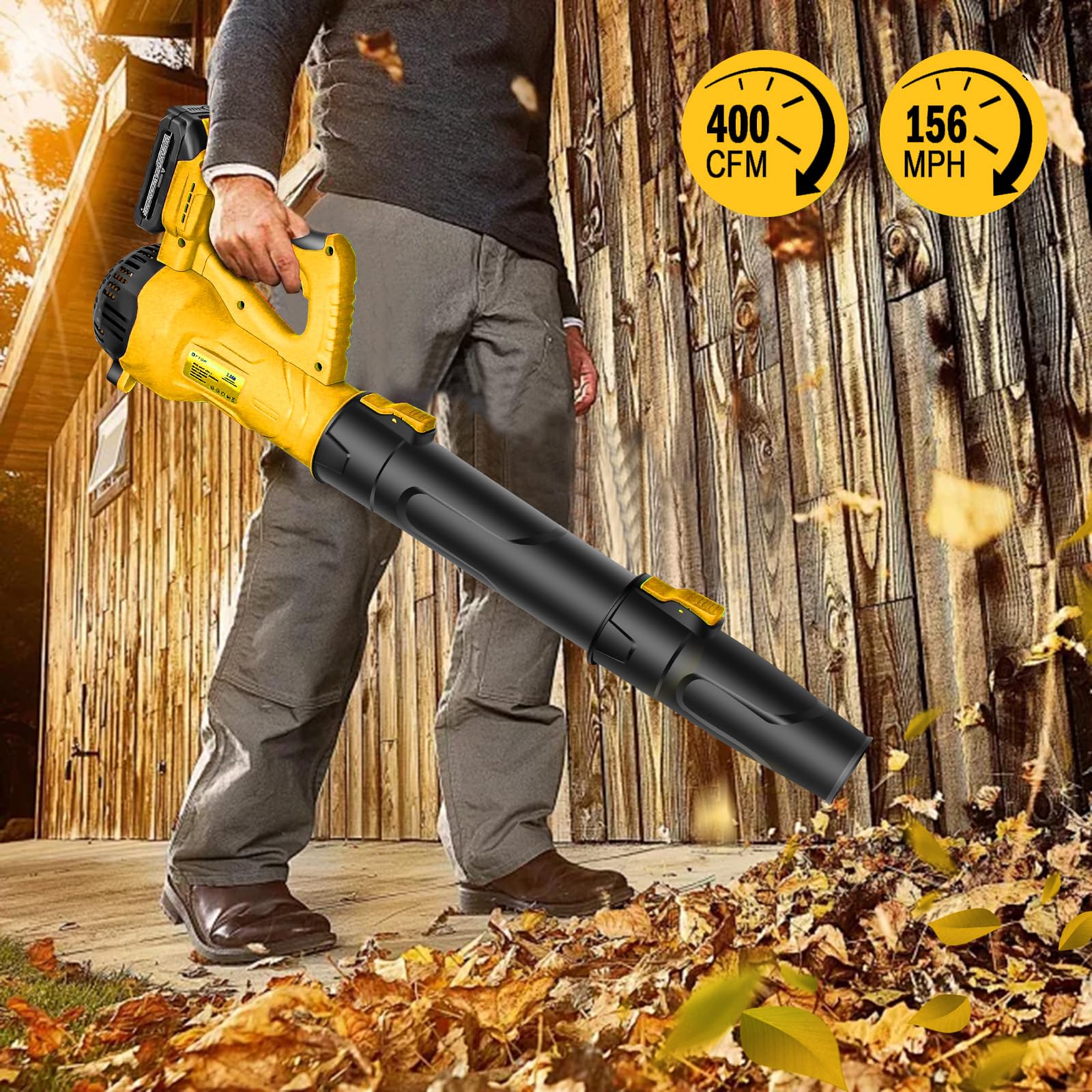 Soplador de hojas inalámbrico con 2 baterías y cargador rápido, modo de 6 velocidades, soplador de jardín para césped, jardines, patio, cubierta, nieve, limpieza de hojas, velocidad variable (amarillo