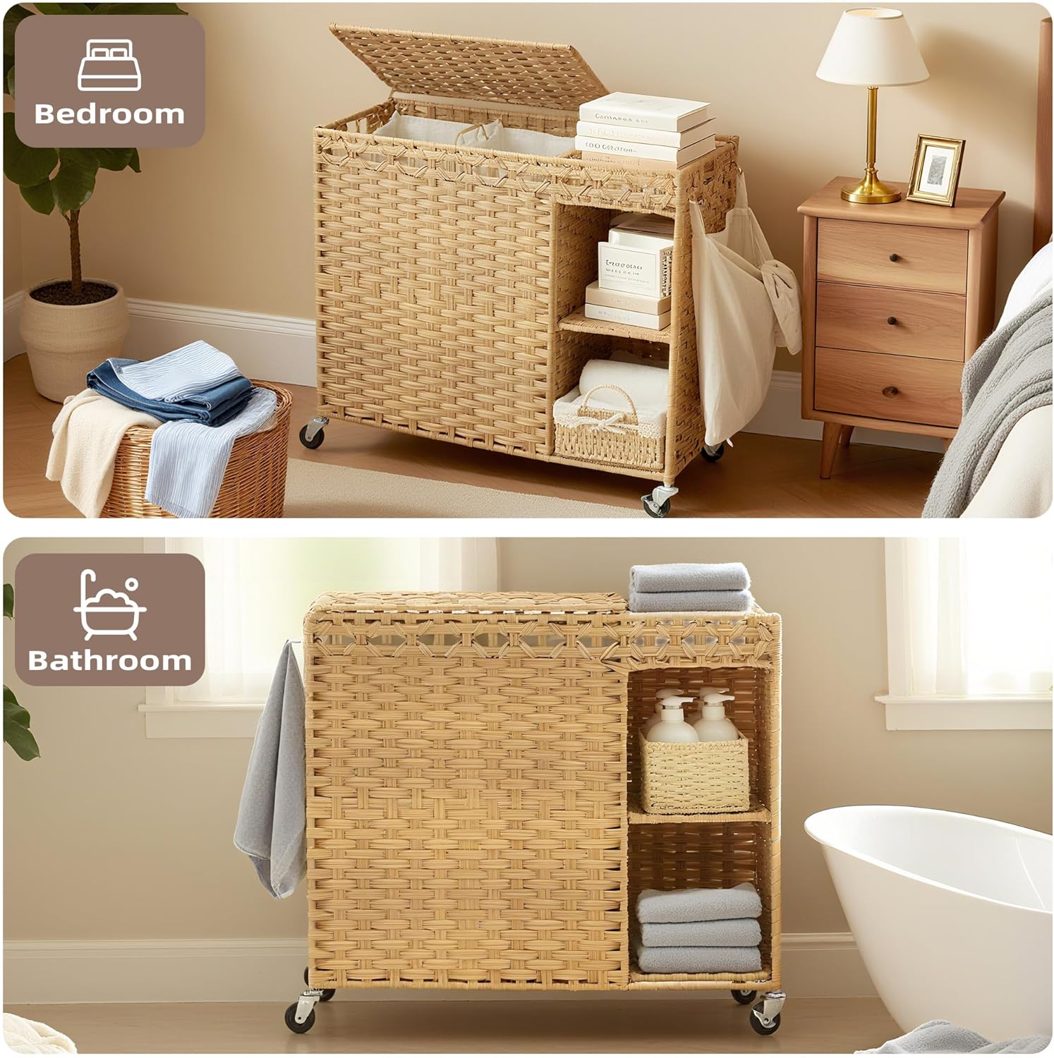 Heybly Laundry Hamper with Wheels, 160L Rattan Wicker Laundry Basket with Lid, Handwoven 2-Section Laundry Hamper with Removable Liner (42.3 Gal), Laundry Sorter with Side Pocket, Natural HLH032N