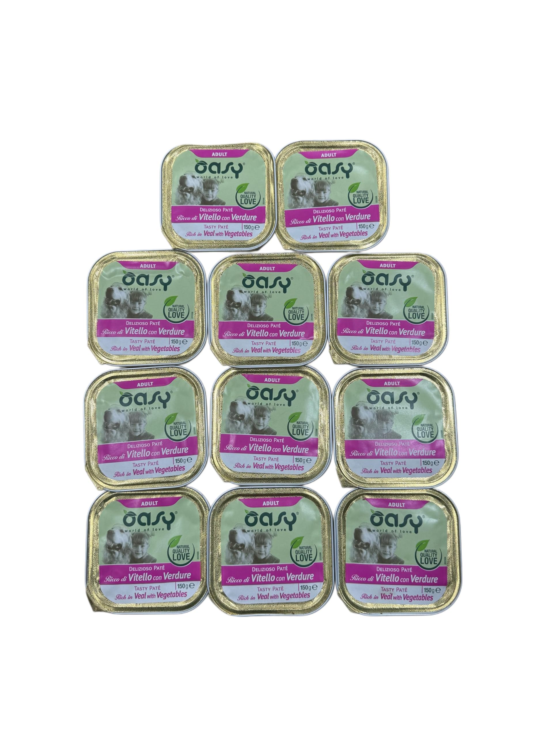 Oasy delizioso patè per cani adulti di tutte le taglie, gusto VITELLO e VERDURE | 11 vaschette da 150 grammi l'una.