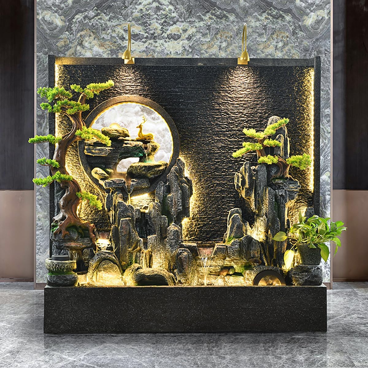 12ft Stunning Cement Water Fountain with Rockery Landscape Decor with LED Lighting Perfect for Home,Garden,and Office Interior Decoration(#A)