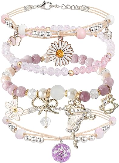 DS 4PCS Beaded Charm Bracelets for Teen Girls Dainty cute cartoon Crystal Beads Pearl Bracelets anklets set for woman and girls Adjustable Stretch bracelet birthday Gift For Friends