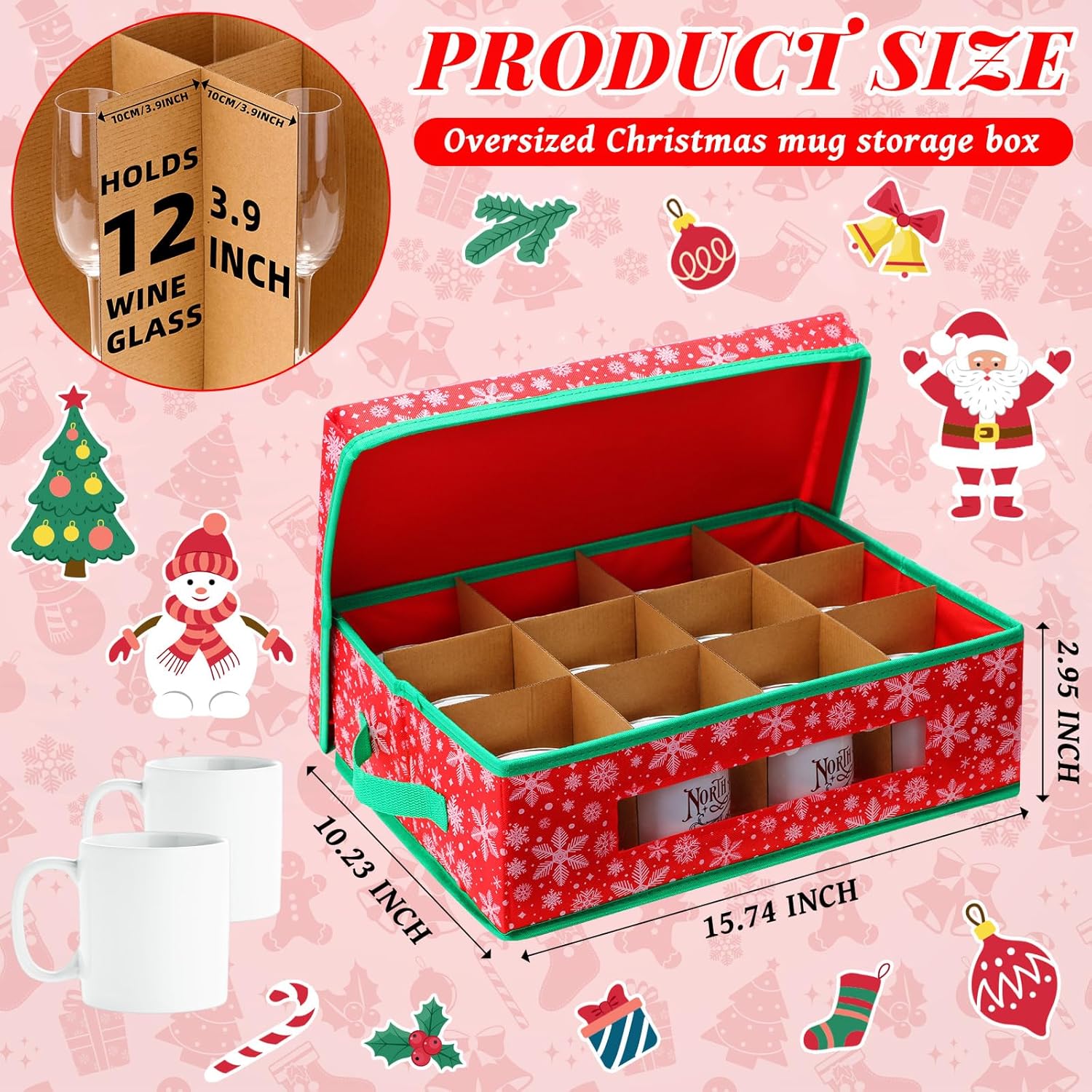 Christmas Mug Storage Box with Dividers 16 x 12.6 x 5 Inch Stemware Storage Cases Containers Hold for 12 Coffee Mugs Dinnerware with 2 Handles Lid and Clear PVC Window(Snowflake Style)