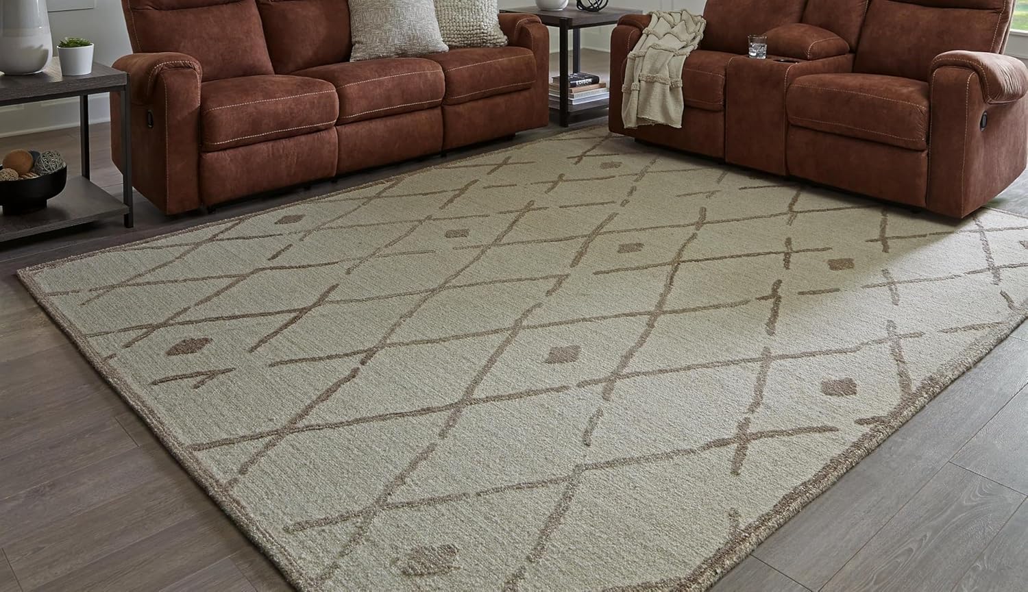 BOWERY HILL Contemporary Rectangular Hand-Tufted Wool Area Rug, Beige and Brown Finish, 8x10 ft, Medium Pile, Cotton Backing, Geometric Pattern, Rustic or Modern Living Room or Bedroom Rug