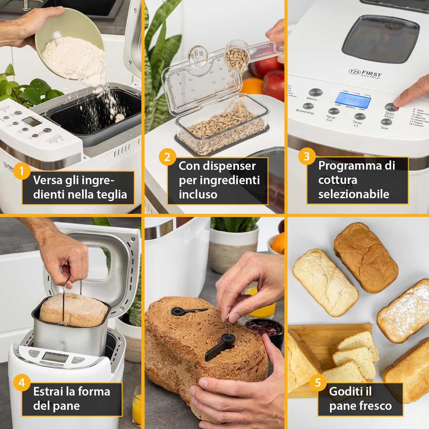 TZS First Austria - Macchina del Pane 850W - Per pane da 900g & 1350g - 14 Programmi automatici - Doratura regolabile, Timer & Funzione mantenimento calore