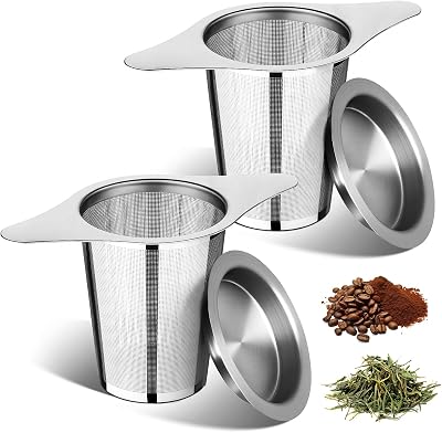 FrutPunch Loose Leaf Tea Infuser with Lid Set of 2, Ultra-Fine Mesh Tea Strainer, Large Capacity, Double Handles, Can be Hung on Teapot, Cup, Gift for Tea Lovers