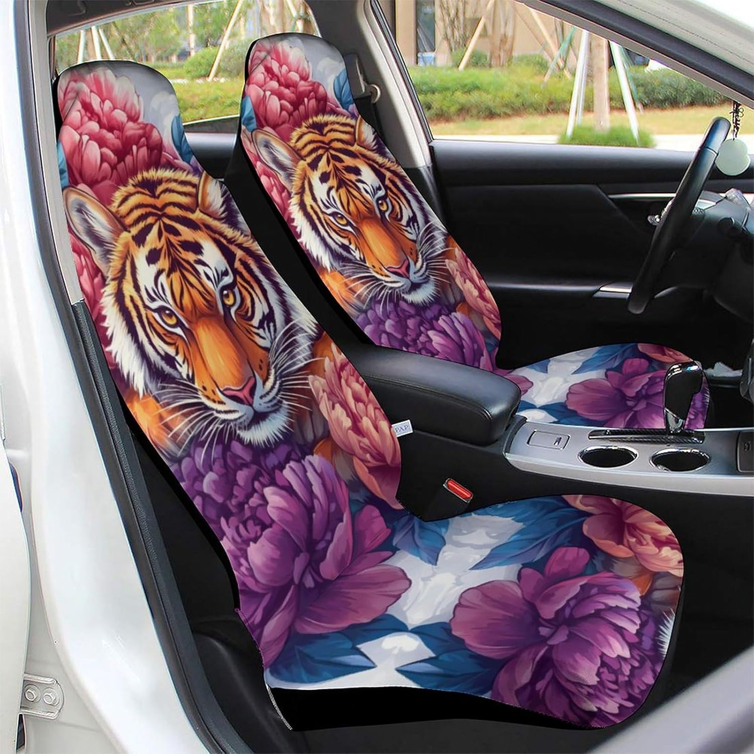 Tiger Peony Flowers Car Seat Covers Universal Car Front Seats Protector Auto Interior Accessories 1PCS