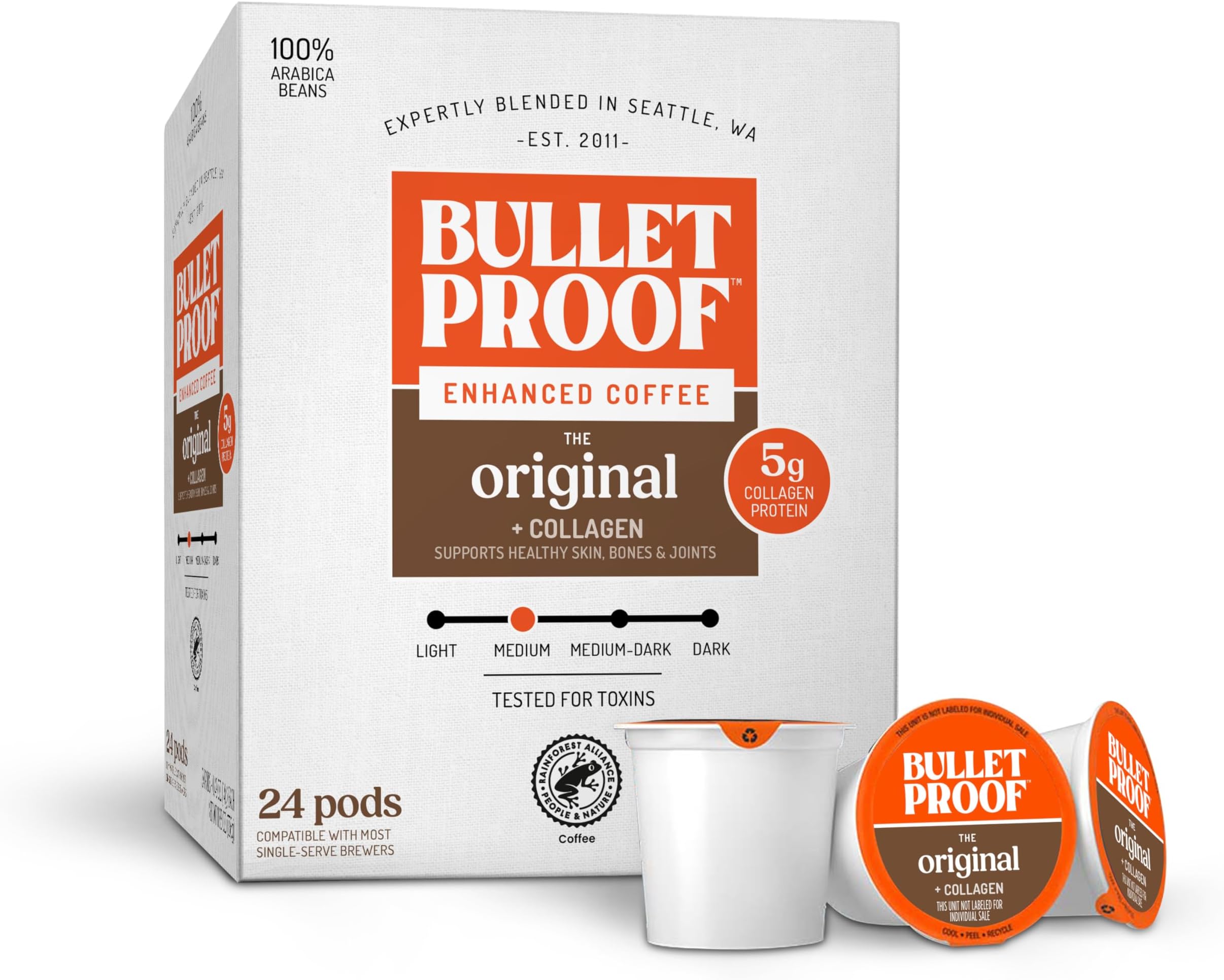 Coffee + Collagen Single-Serve Coffee Pods, 24 Count, Clean Coffee Tested for Toxins