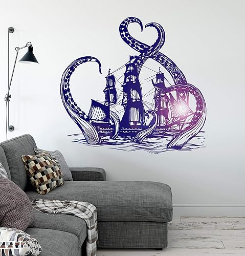Miniatura 2 de Adhesivos de pared de vinilo grande Kraken Octopus Ship Nautical Ocean Teen Room Pegatinas (ig3640) Negro mate