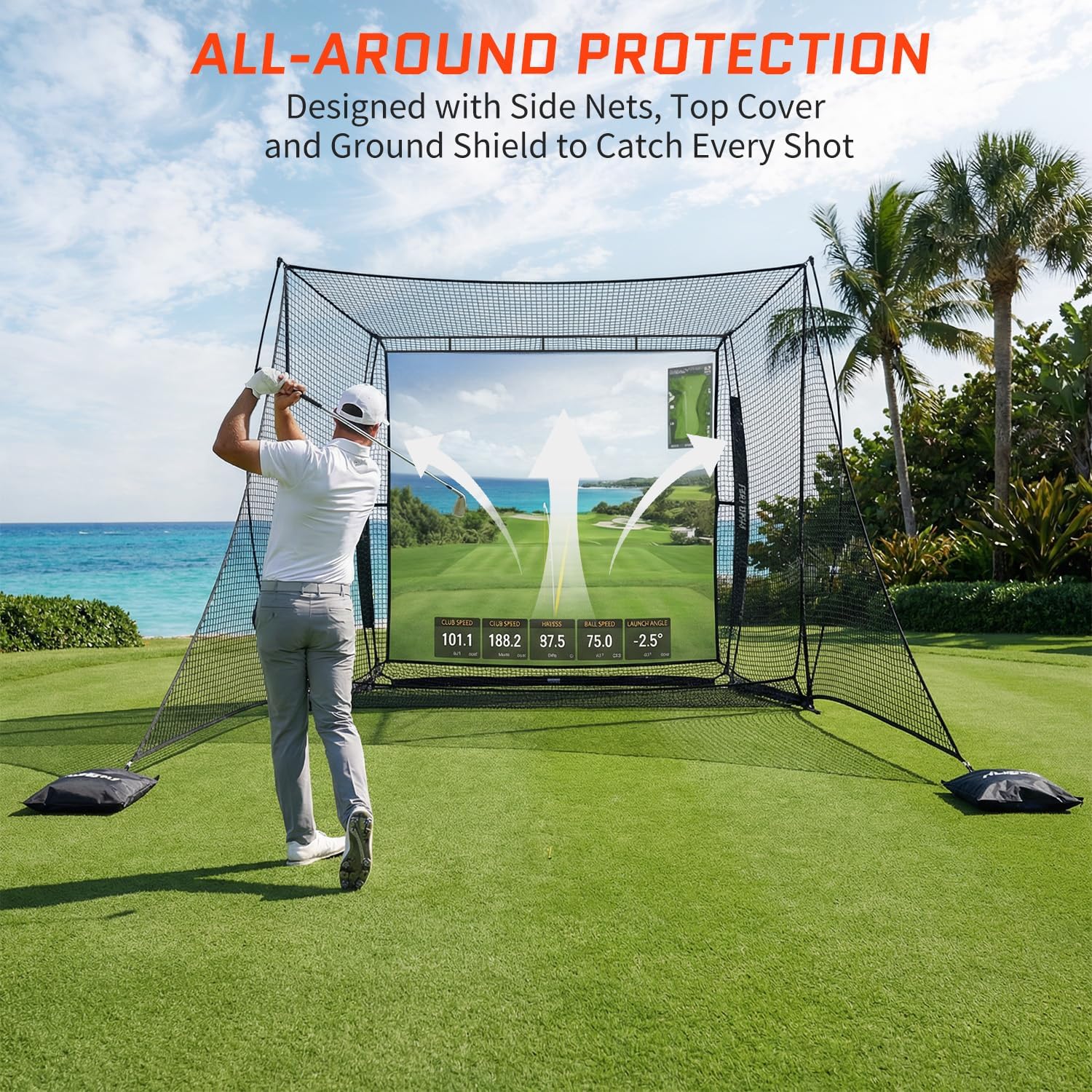 2026 Upgraded Golf Simulator Cage with HD Simulator Screen & Side Barriers, 10 x 8ft Golf Hitting Net with Thickened Heavy Duty Frame for High-Speed Shots, Auto Ball Return Golf Practice Net