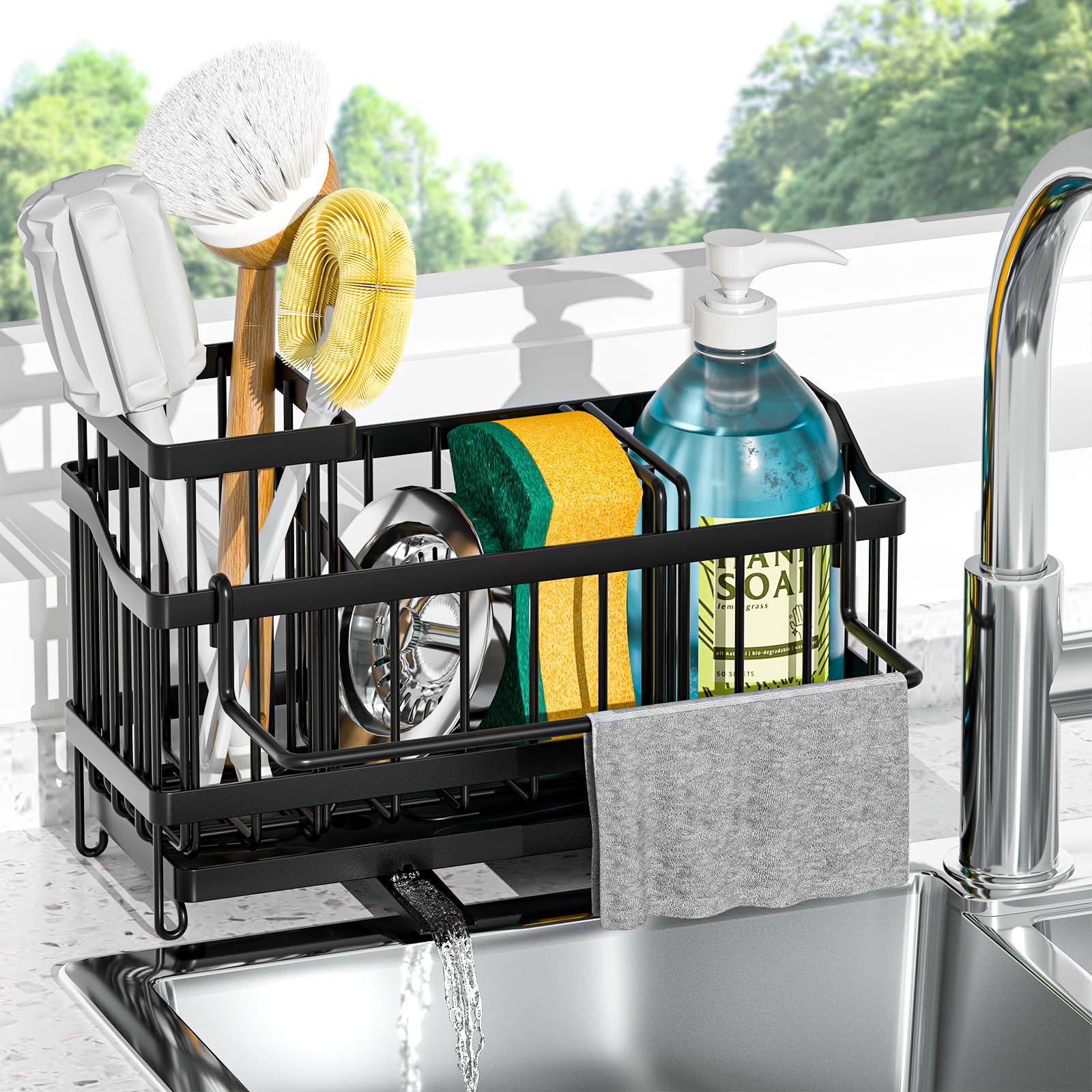 Sponge Holder for Kitchen Sink Kitchen Sink Caddy Organizer with Towel Holder Rustproof Countertop Soap Dispenser Storage with