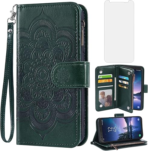 Asuwish Funda de teléfono para Samsung Galaxy S8 Active Wallet Cover con protector de pantalla de vidrio templado y tarjetero con tapa de flores,