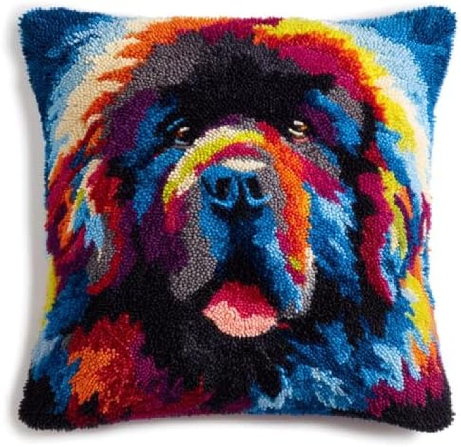 kitphoenix DIY Latch Hook Cushion Kit Dog Cute Portrait,Beginner-Friendly Rug Hooking Pillow Kit,Crochet Craft Cushion Cover for Home Decor,43x43 cm