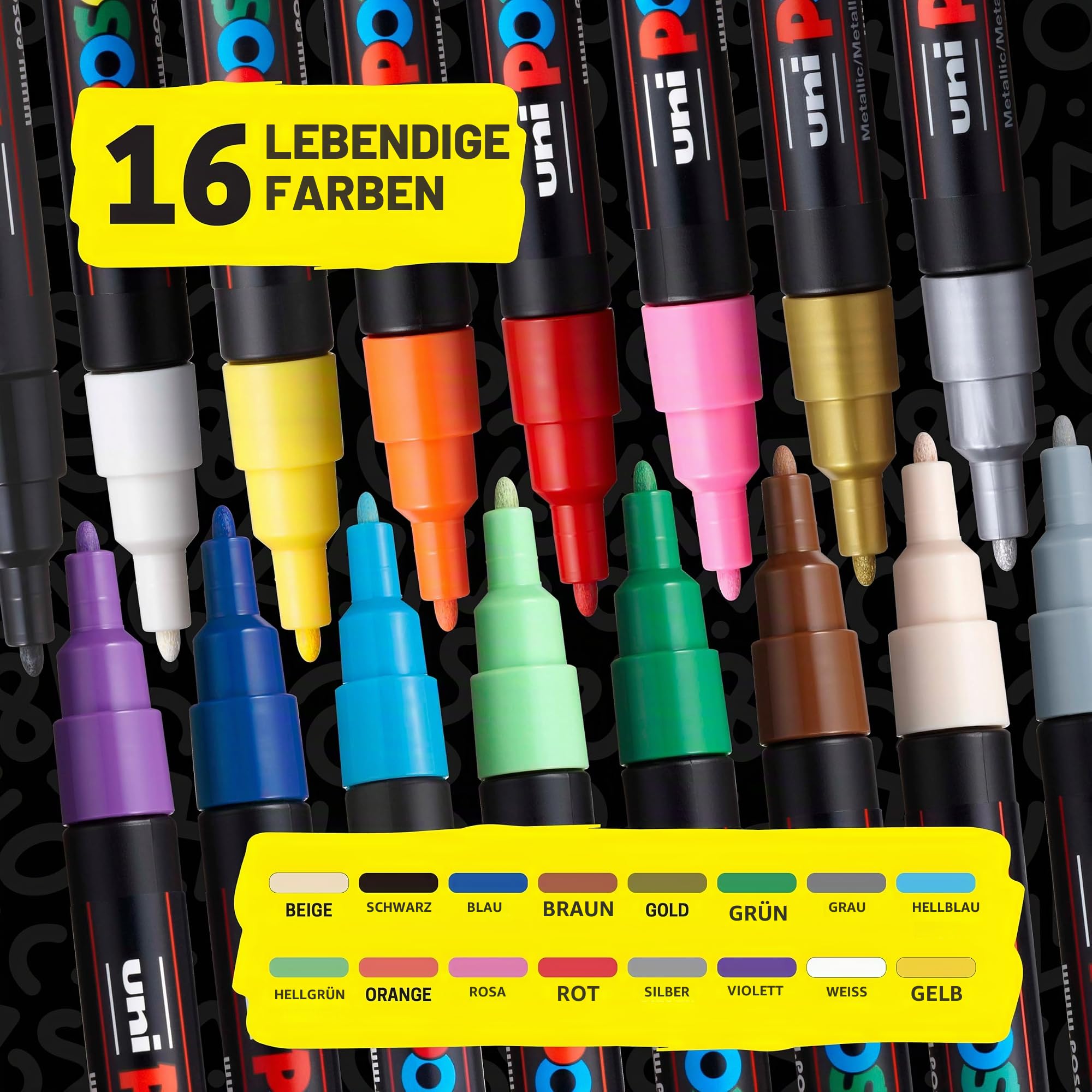 POSCA - Acrylmarker Set PC-3M 16 Grundfarben | Marker mit 0,9-1,3 mm Rundspitze für nahezu alle Oberflächen