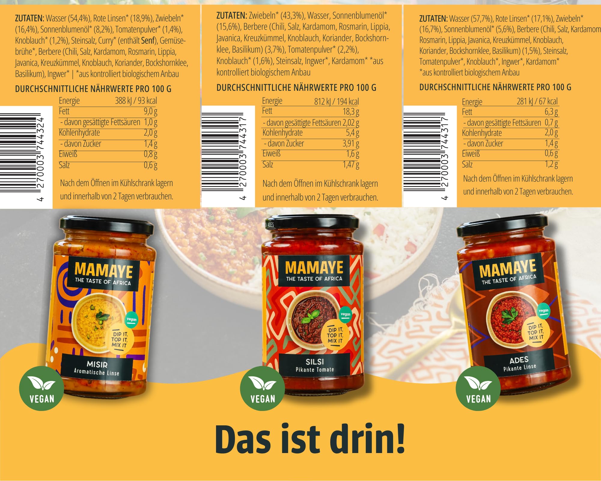 Mamaye® Erlebnis-Paket – 6er-Bundle Vegane Ostafrikanische Linsen-Tomaten Bowls | Proteinreich, Ballaststoffreich & Glutenfrei | Schnell & Natürlich | 6×380 g