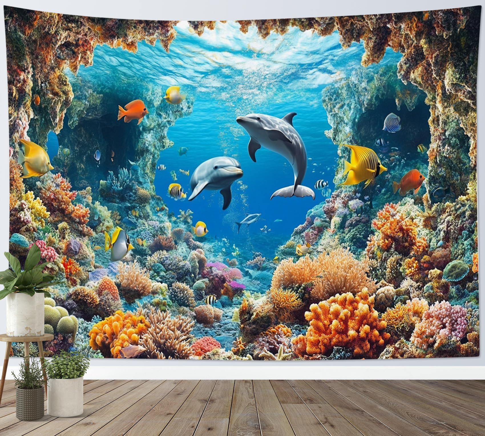 LB Cute Dolphin Tapestry Wall Hanging Undersea Animal Colorful Coral Tropical Fish Blue Ocean Wall Decor for Living Room Bedroom Home Office,59x39 inch — image 1