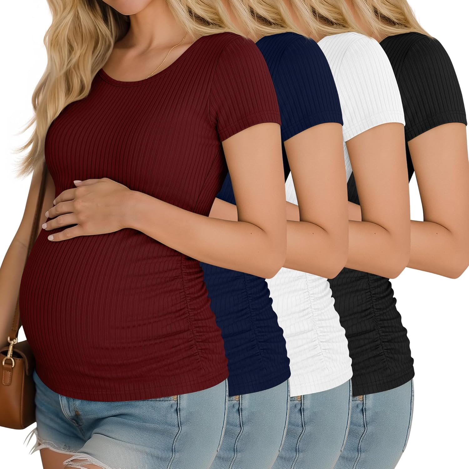 Riyiper 4 Pack Women's Maternity T-Shirts, Cotton Side Ruched Ribbed Maternity Top Scoop Neck Short Sleeve Pregnant Clothes