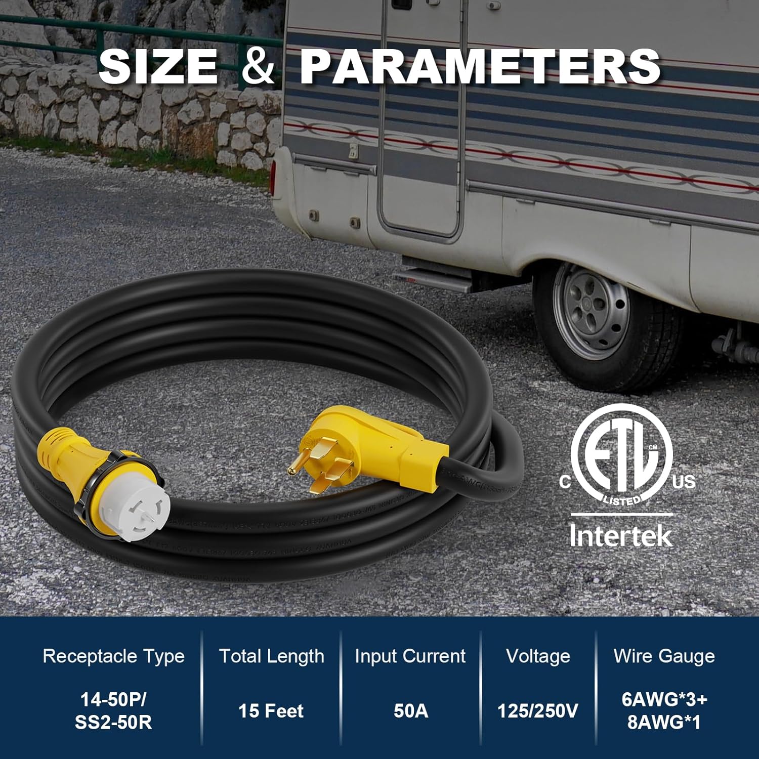 50AMP Generator Cord 15 FT and Power Inlet Box, NEMA SS2-50P Pre-Drilled Generator Power Inlet Box with LED Power Indicator, 14-50P to SS2-50R Power Cord with Cord Organizer, ETL Listed