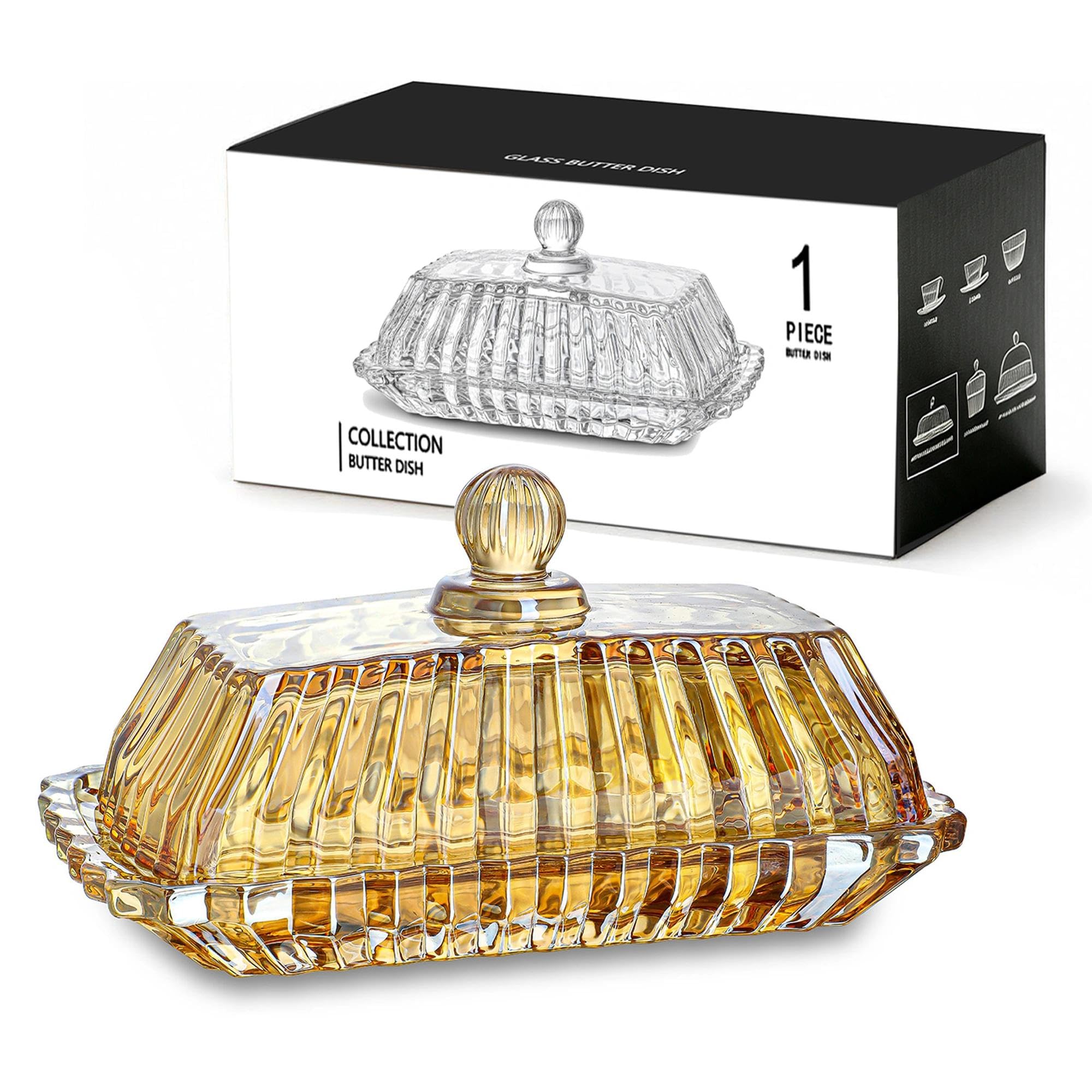 QFkris Butterdose mit Champagnerdeckel für Arbeitsplatte, 16,5 cm, Glas-Butterdose mit Deckel, eleganter Butterbehälter für Küche, Esstisch, Dekoration | Butterdose mit Champagner-Kristallüberzug für Kühlschrank, bernsteinfarbenes Vintage-Butterbehälter a
