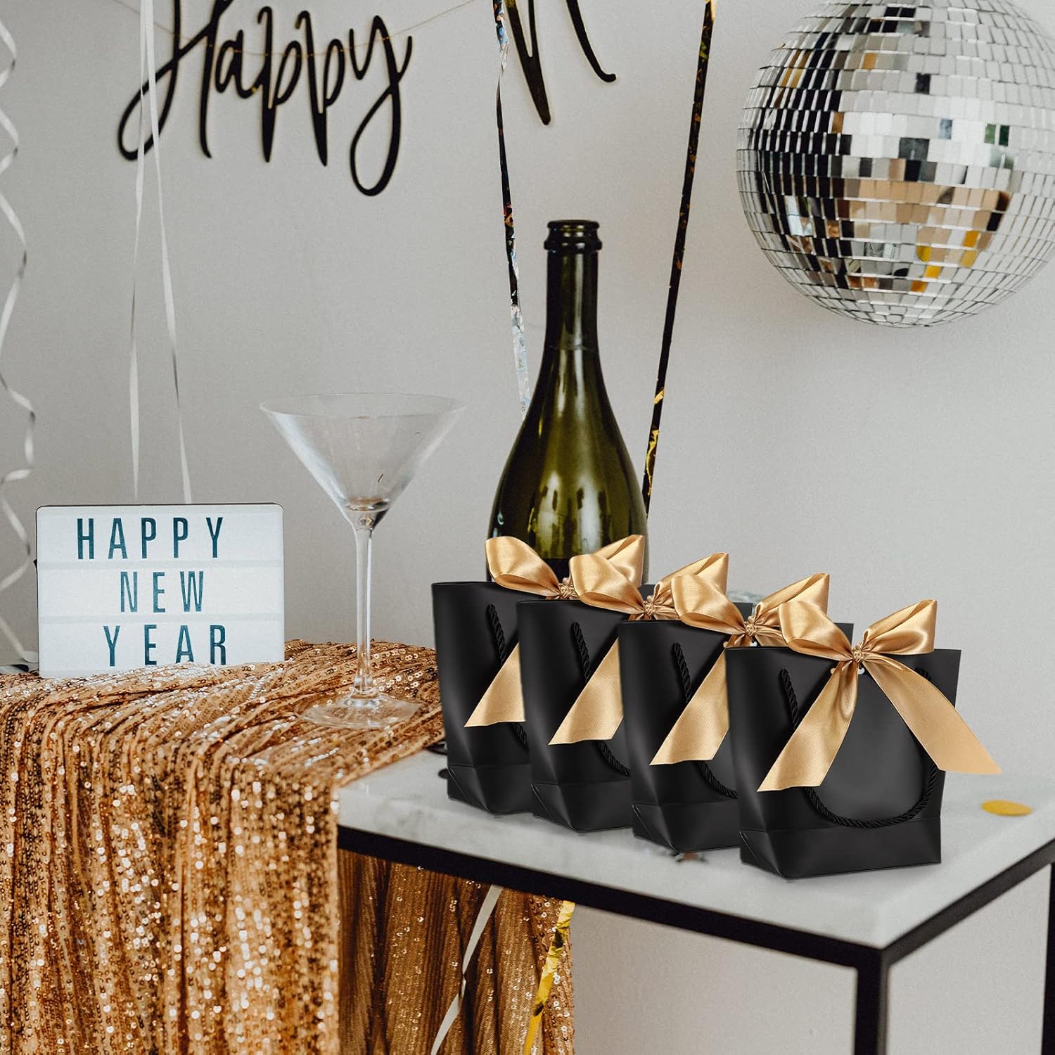 Sabary 50 Pack Black and Gold Gift Bags Bulk with Handles Mini Bridal Shower Gift Paper Bags with Bow Ribbon 8.3 x 6.7 x 2.8 Wedding Welcome Supplies for Guest Bridesmaid Birthday Holiday Party Favor