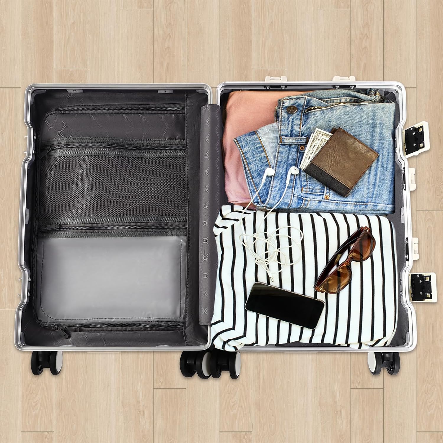 PC Hardside Suitcase,with Front Pocket,Carry On Luggage USB Charging Port,Spinner Trolley, Carry-On 20-Inch(White)