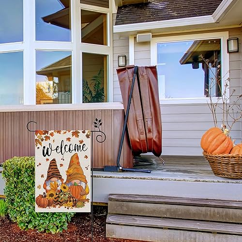 Miniatura 6 de Sggvecsy Bandera de otoño para jardín, gnomos, bandera de otoño, calabazas, arpillera, cosecha, hojas de arce, girasol, vertical, letrero de