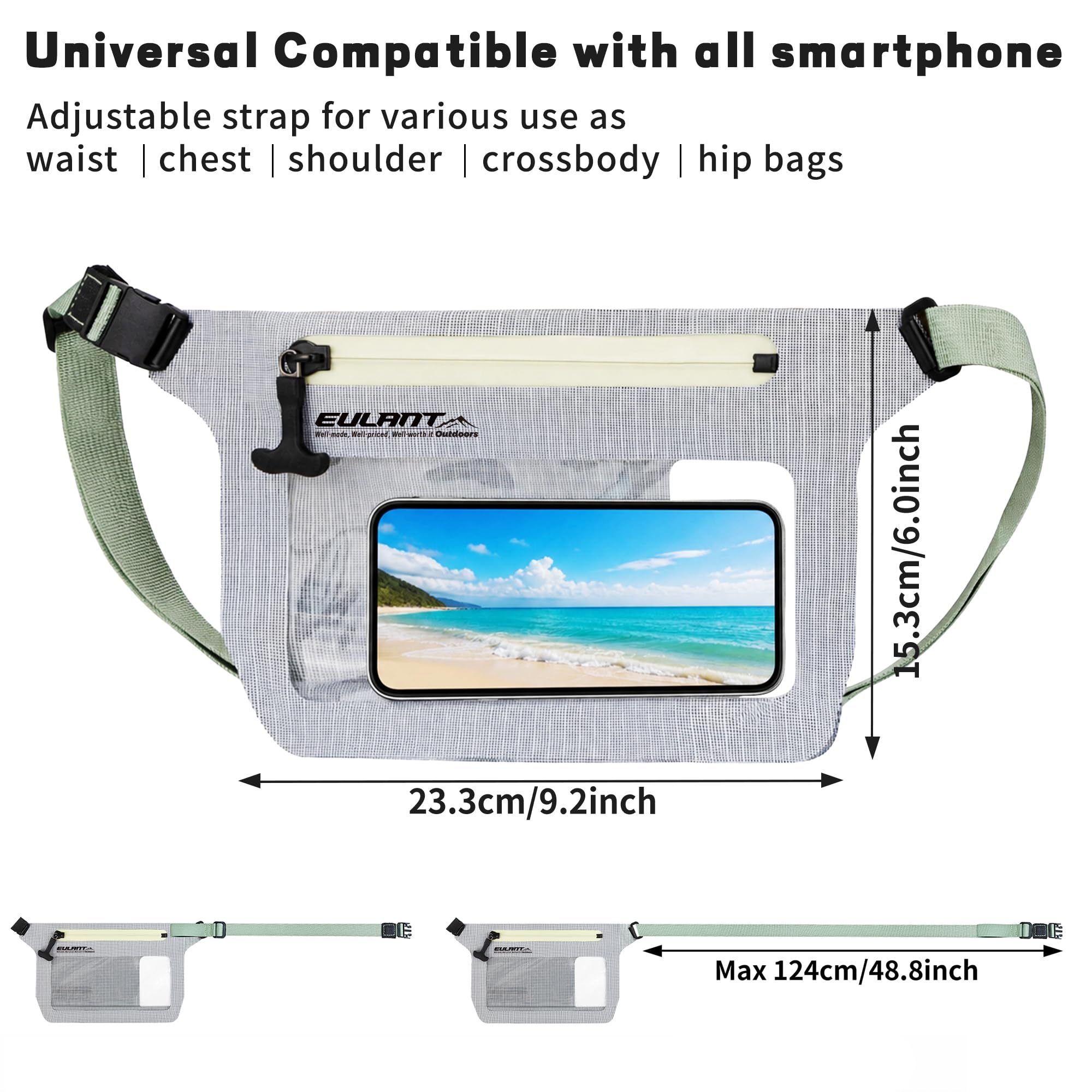 EULANT 2X Funda Movil Impermeable Agua con Cremallera IPX8 | 2 unidades, con correa ajustable, con cremallera impermeable IPX8, Ventanas transparentes delante y detrás