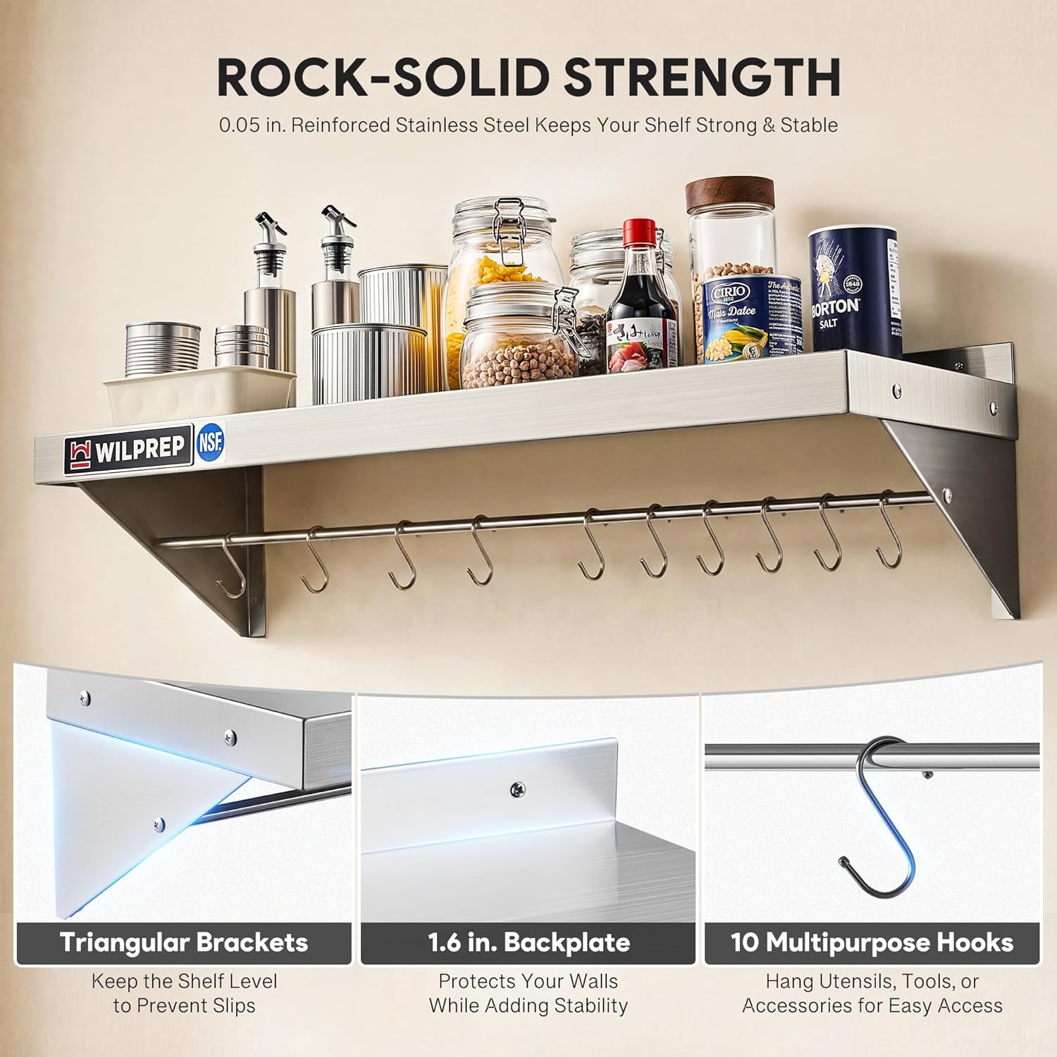Wilprep NSF Stainless Steel Shelf, 12"x 36" Wall-Mounted Commercial Shelf for Kitchen Wall, 220lb Metal Storage Shelf with Support Brackets & 10 Hooks for Restaurant Kitchen Laundry Room Garage
