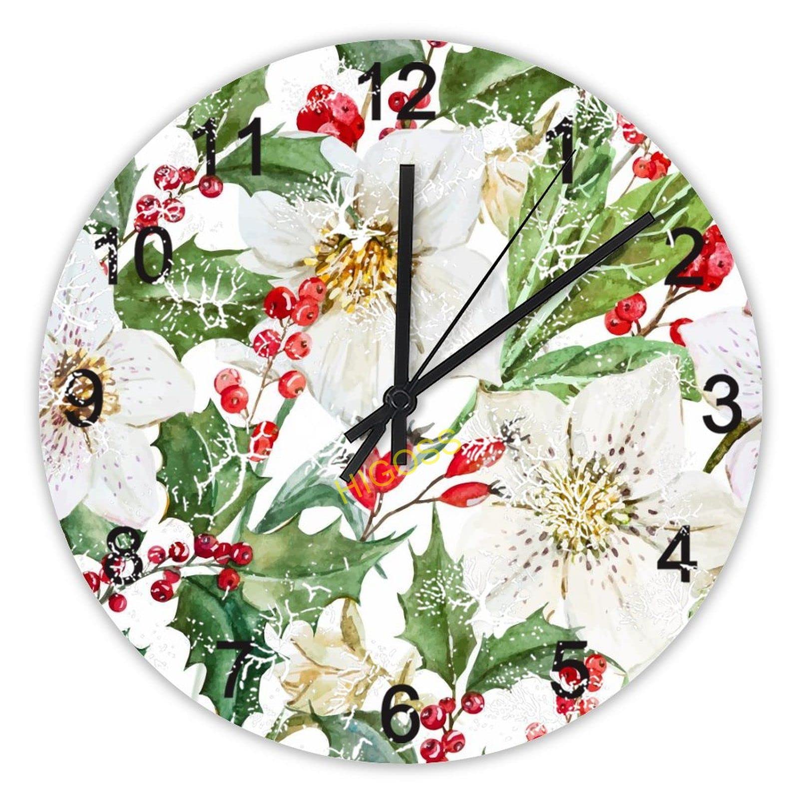 Horloge murale silencieuse de 38 cm fleurie en bois rustique pour un confort visuel optimal