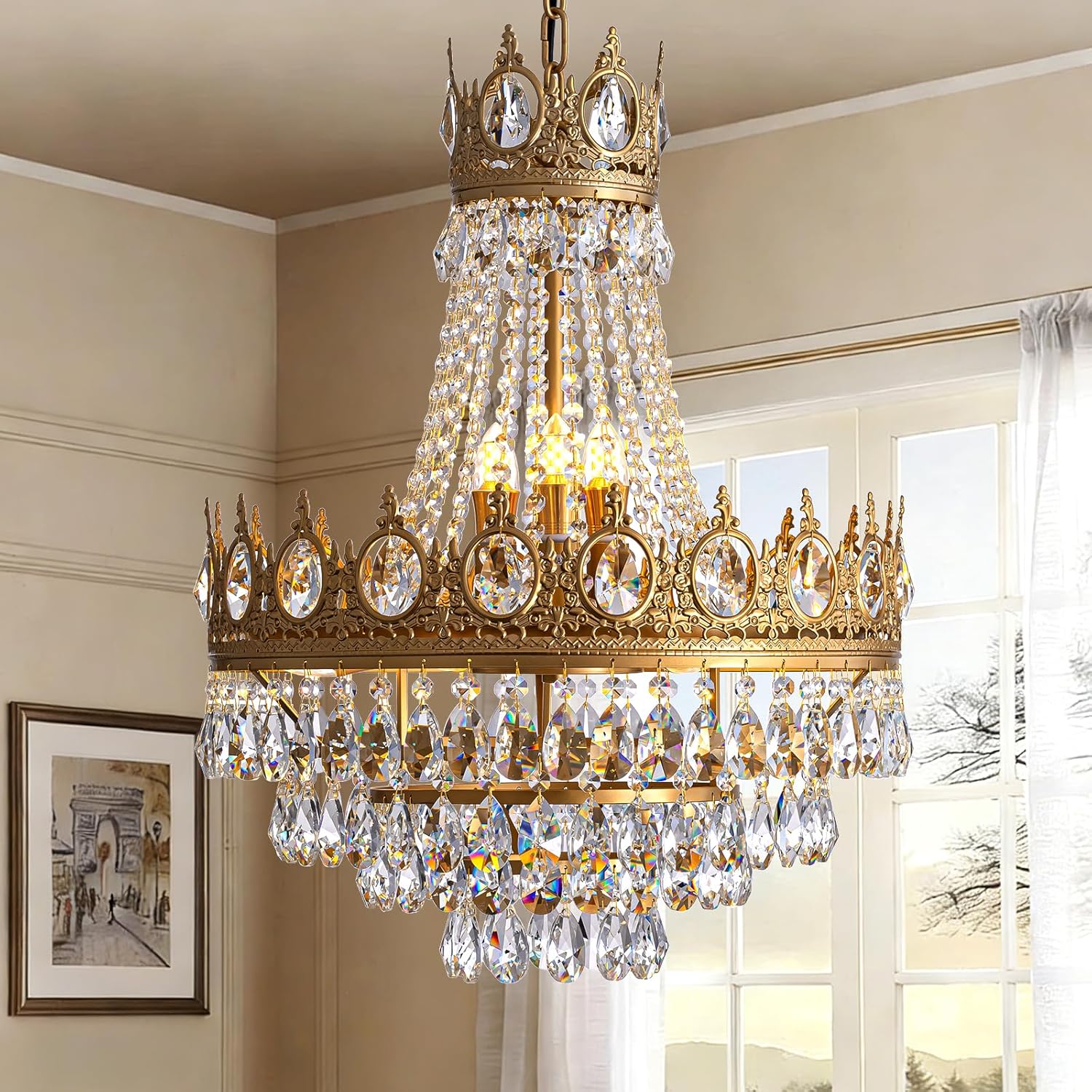 Gold Crystal Chandeliers for Dining Room Light Fixture, 9-Light Vintage French Empire Chandelier for Kitchen Island Bar Living Room Foyer Entryway, D19″ x H25.6″