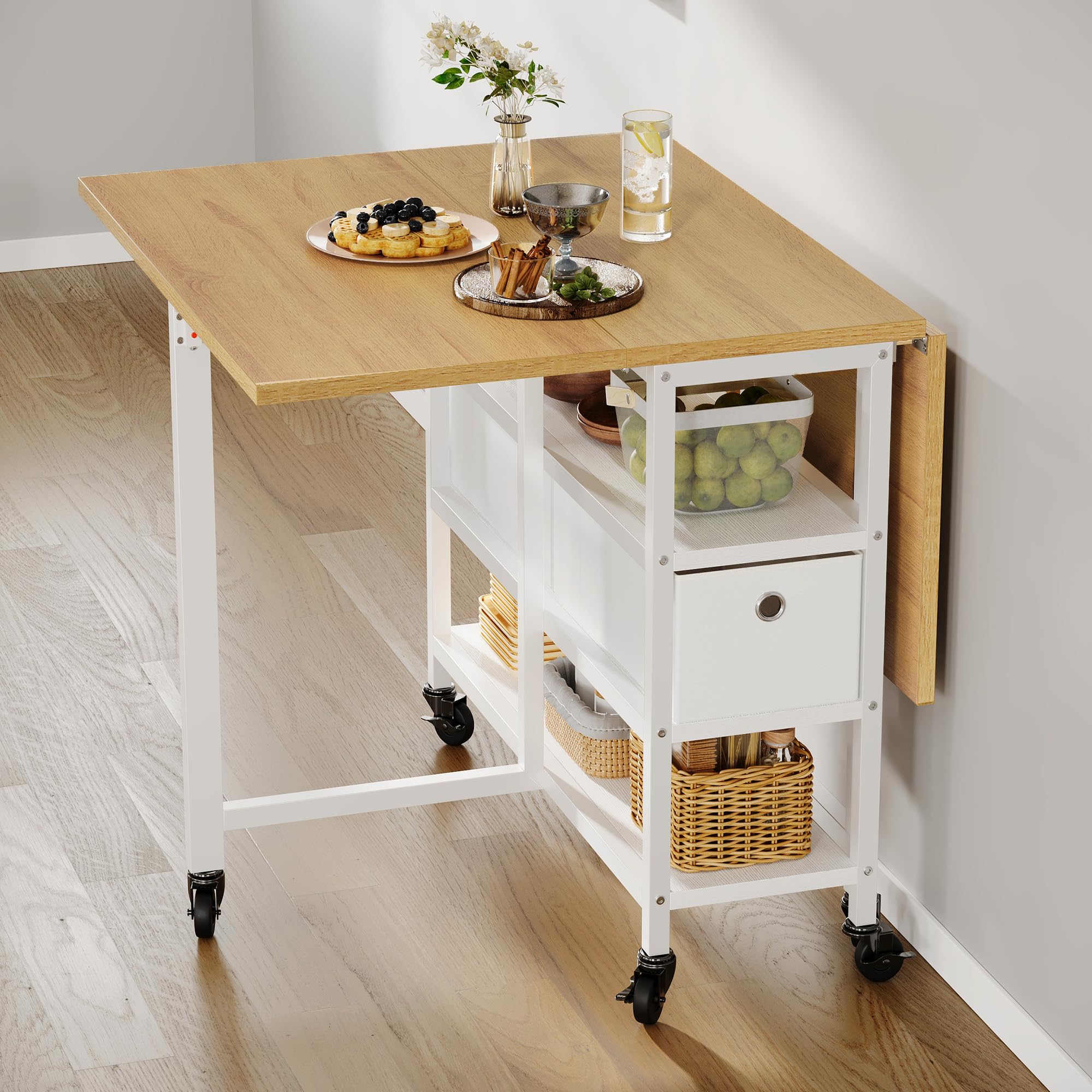 YITAHOME Table de Salle à Manger Pliable, Table Rabattable Mobile avec 6 roulettes et tiroirs de Rangement pour Petits espaces, Cuisine, Salle à Manger, Chêne Jaune et Blanc