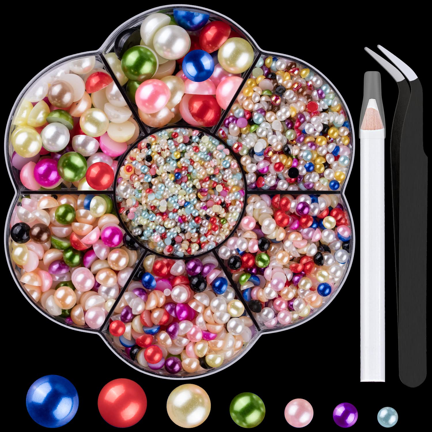 Nail Art - Kit Di Perle Semirotonde Per Nail Art, 14, 1 Scatola Da 5600 Pezzi, Con Retro Piatto, Colore Misto Con Pinzette E Matita Raccoglitore, Per La Casa, Fai Da Te, Per Il Corpo, Viso, Artigianato E Salone-image