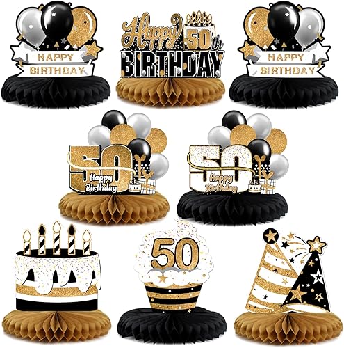 LINGTEER Juego de centros de mesa de papel negro y dorado con texto en inglés "Happy 50th Birthday", 8 piezas de globos de estrella de 50 años,