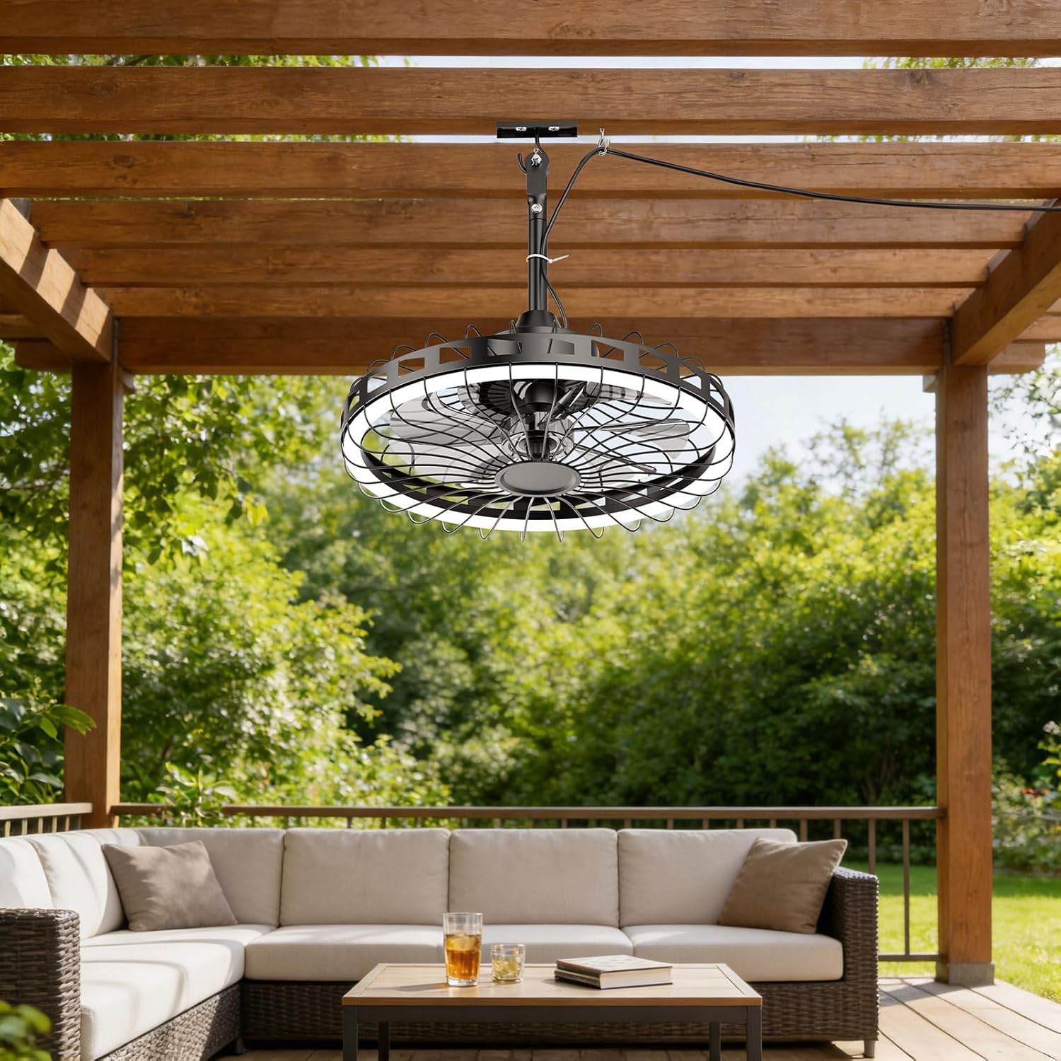 20" IP65 Waterproof Outdoor Ceiling Fan with Light, Plug-in Caged Hanging Fan, 3CCT Dimmable & 6-Speed Adjustment for Patio Porch Pergola Gazebo