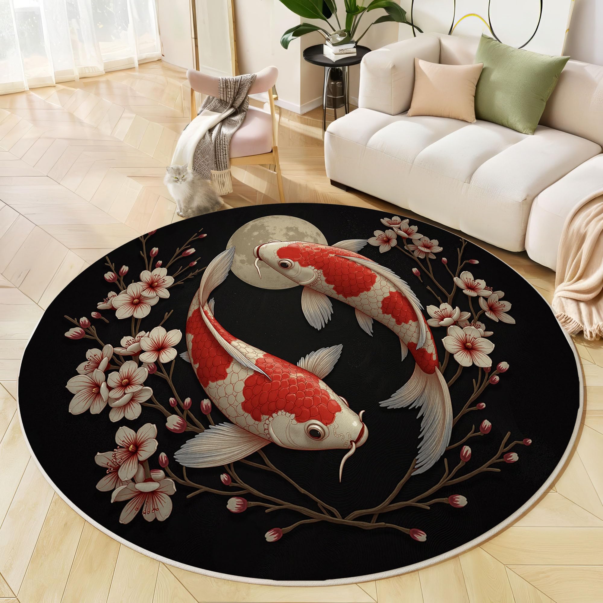 Tapis poil ras fleurs de cerisier koi style japonais rouge noir