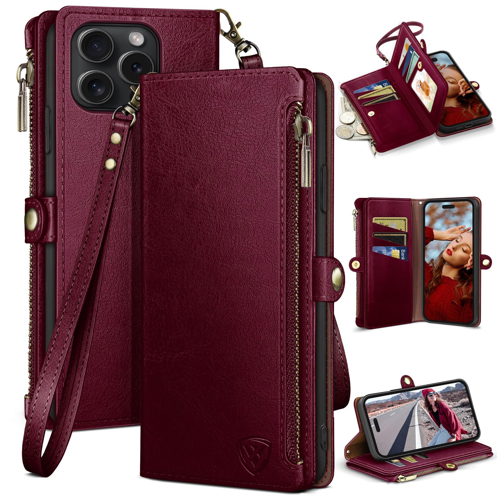 XcaseBar Compatible with iPhone 16 Pro Max 6.9" Wallet case with Zipper Credit Card Holder【RFID Blocking】,Flip Folio Book PU Phone case Shockproof Cover Men Women for Apple 16 Pro Max case Wine Red