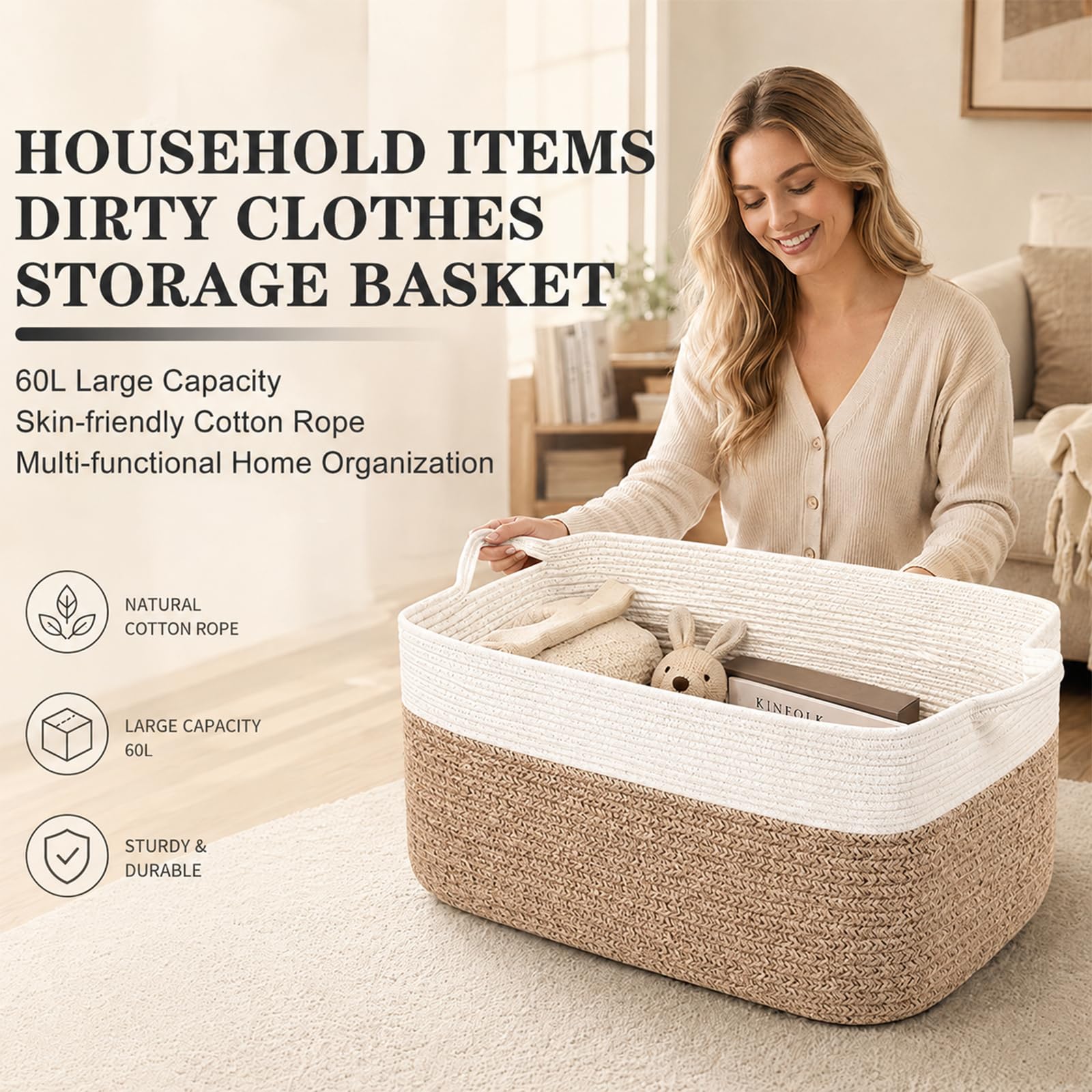Cesto da 50 L in corda di cotone Umllpet, cesto per la lavanderia intrecciato con manici, pieghevole, per giocattoli e coperte, contenitore per biancheria, coperte, soggiorno, camera da letto, 48 x 34